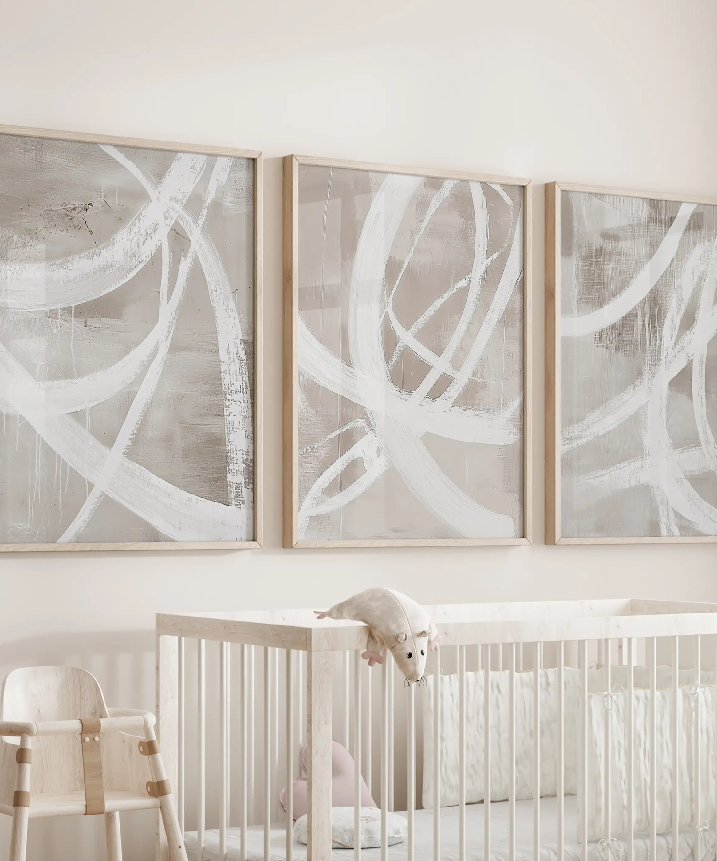Modern Minimalist Abstract Triptych. Neutral Brush Stroke Art