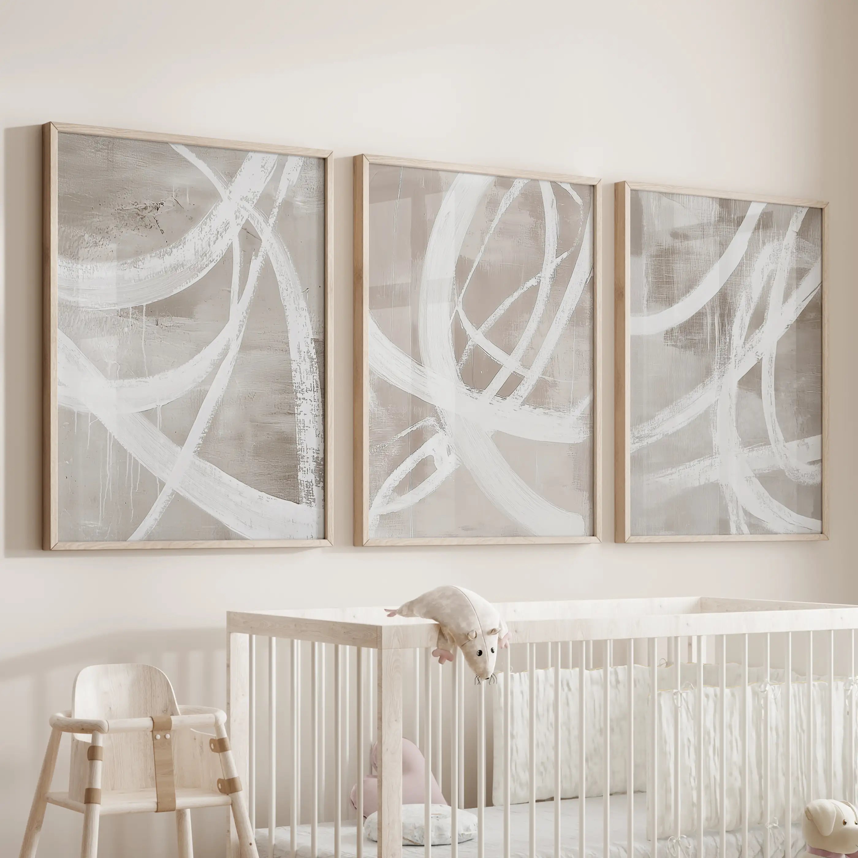Modern Minimalist Abstract Triptych. Neutral Brush Stroke Art