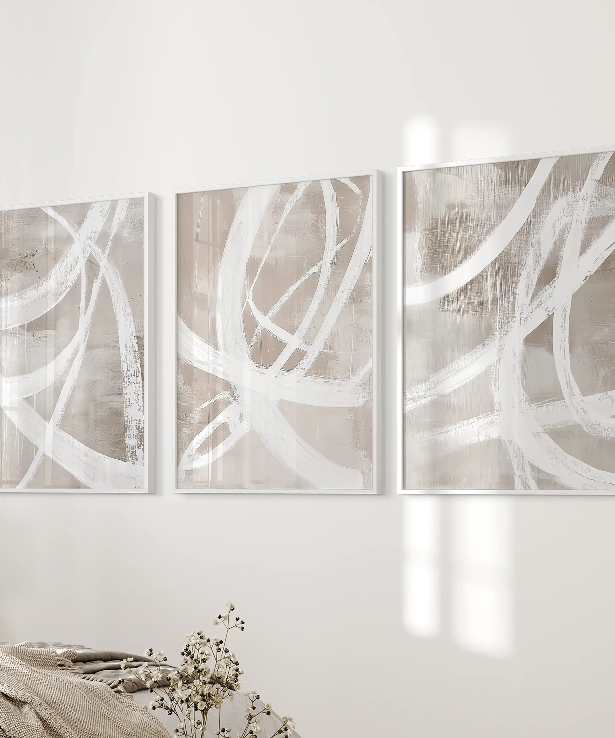 Modern Minimalist Abstract Triptych. Neutral Brush Stroke Art