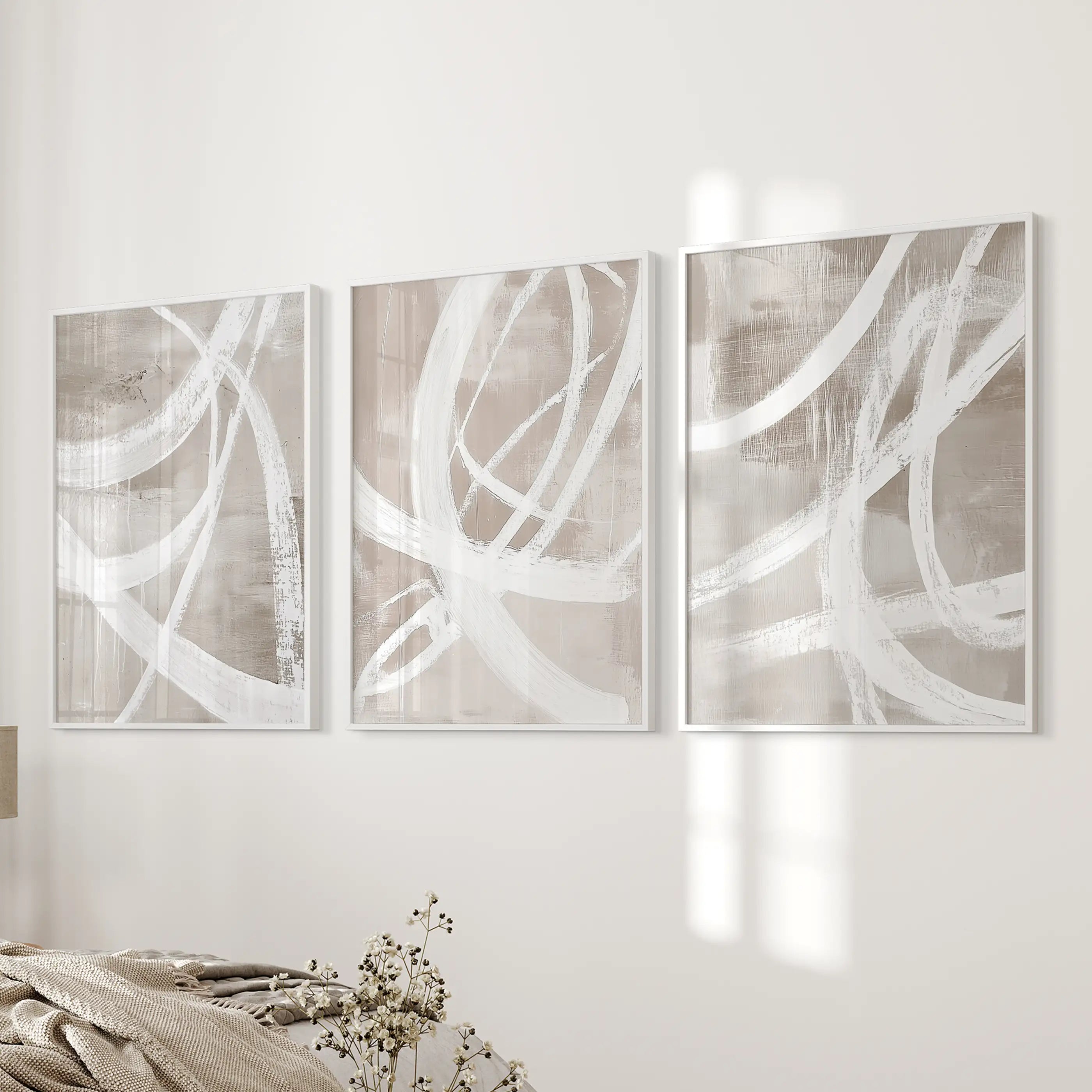 Modern Minimalist Abstract Triptych. Neutral Brush Stroke Art