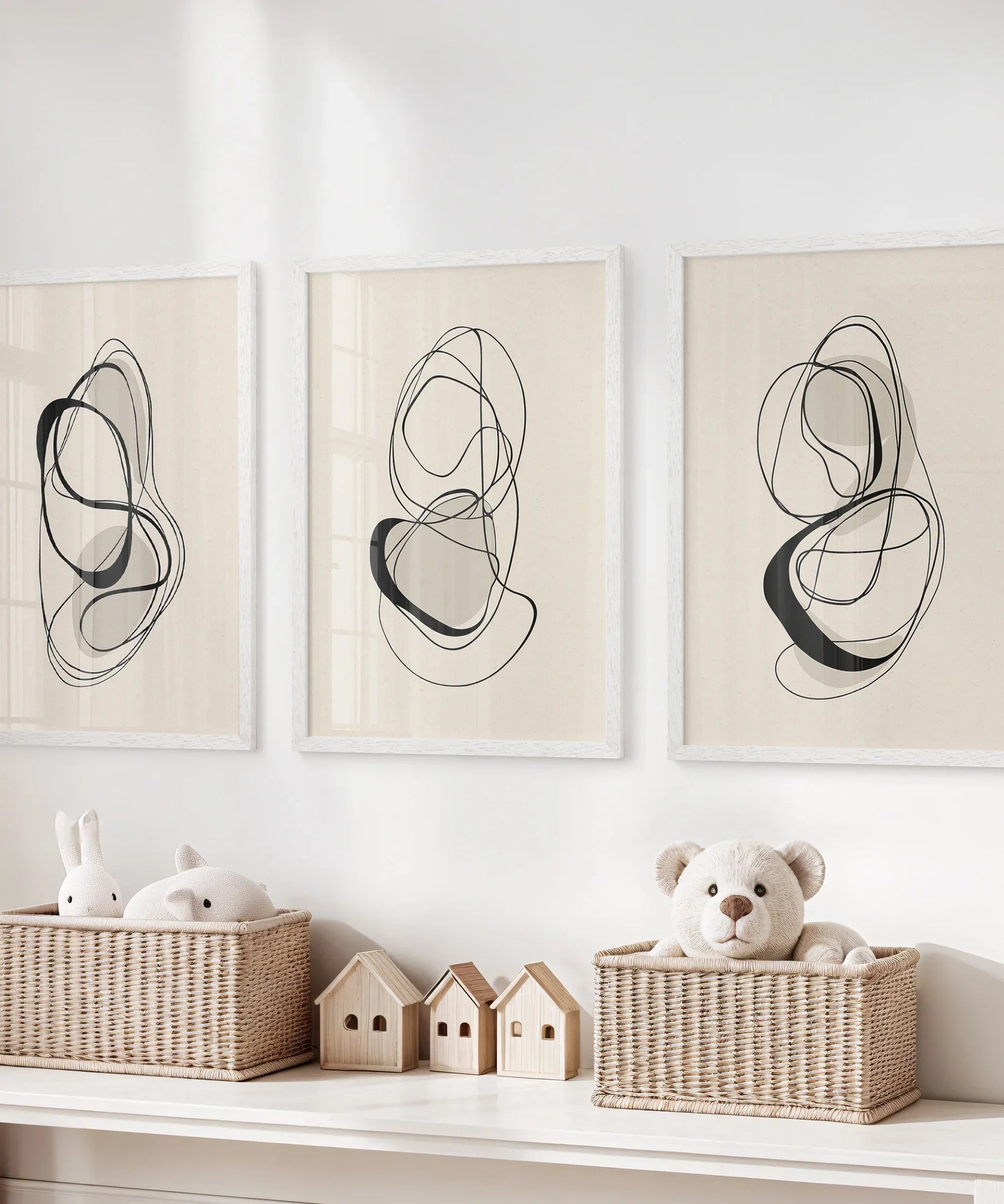 Black and Beige Abstract Set of 3 Wall Art. Minimalist Lines