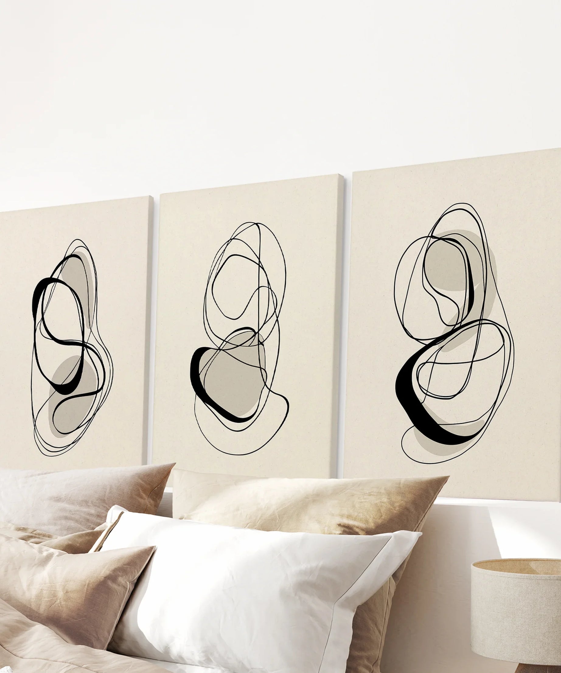 Black and Beige Abstract Set of 3 Wall Art. Minimalist Lines