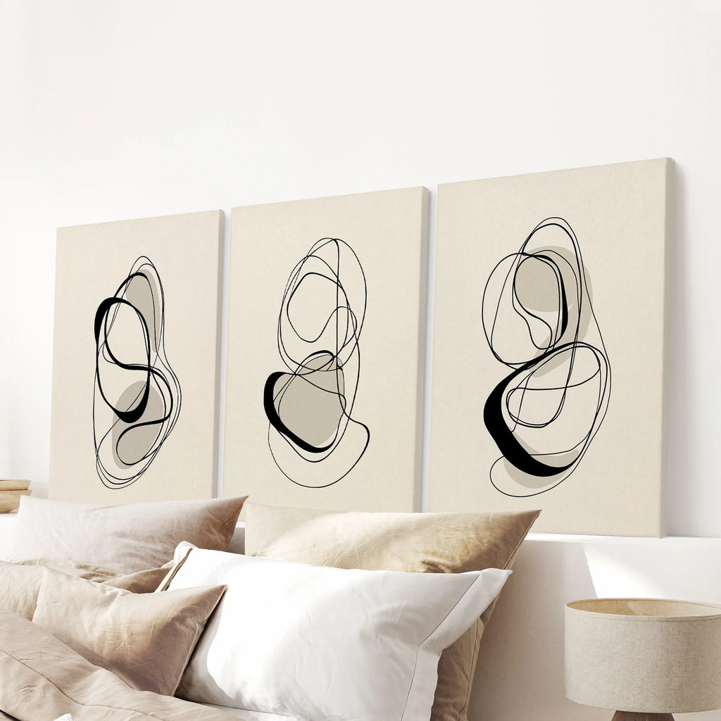 Black and Beige Abstract Set of 3 Wall Art. Minimalist Lines
