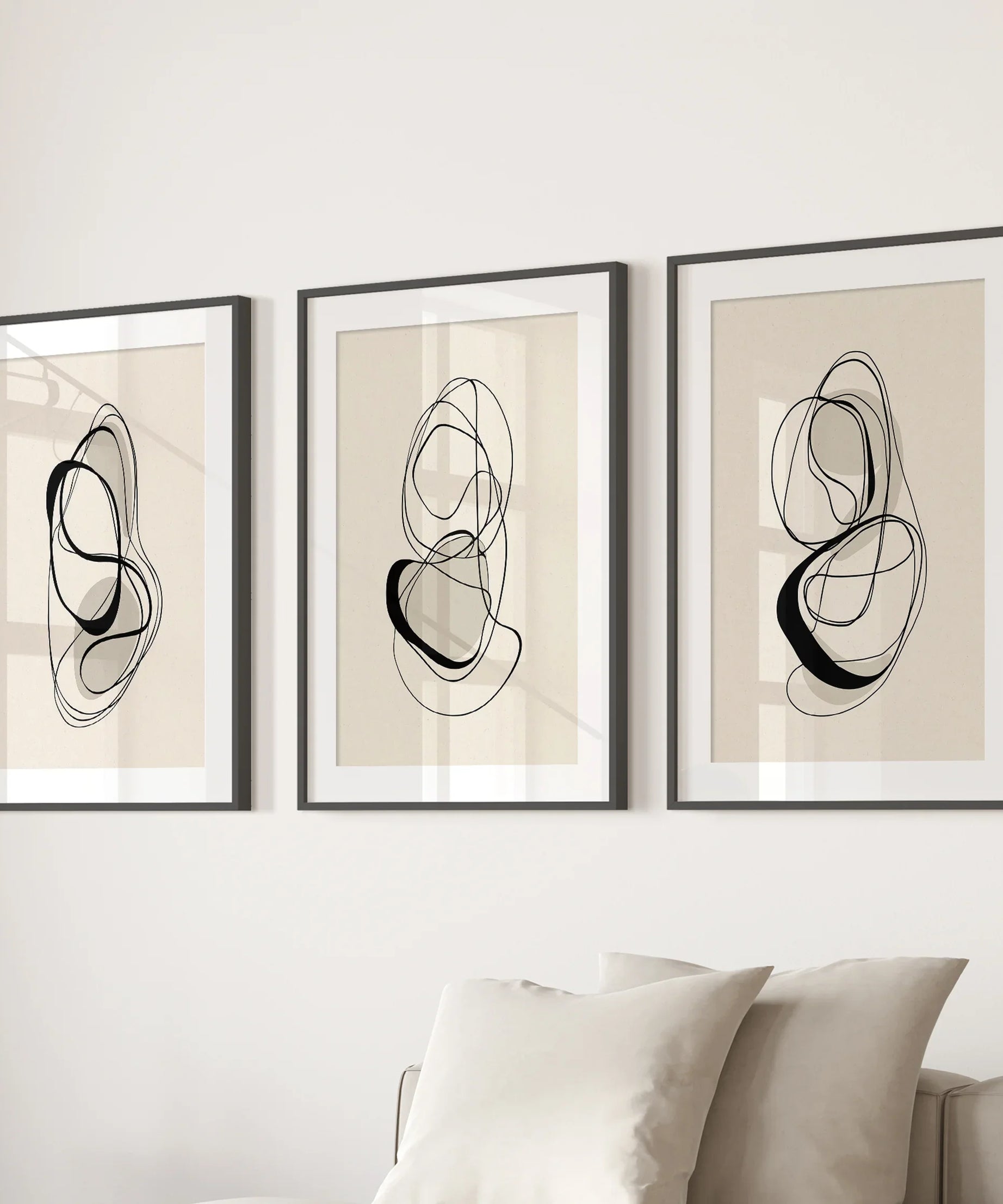Black and Beige Abstract Set of 3 Wall Art. Minimalist Lines