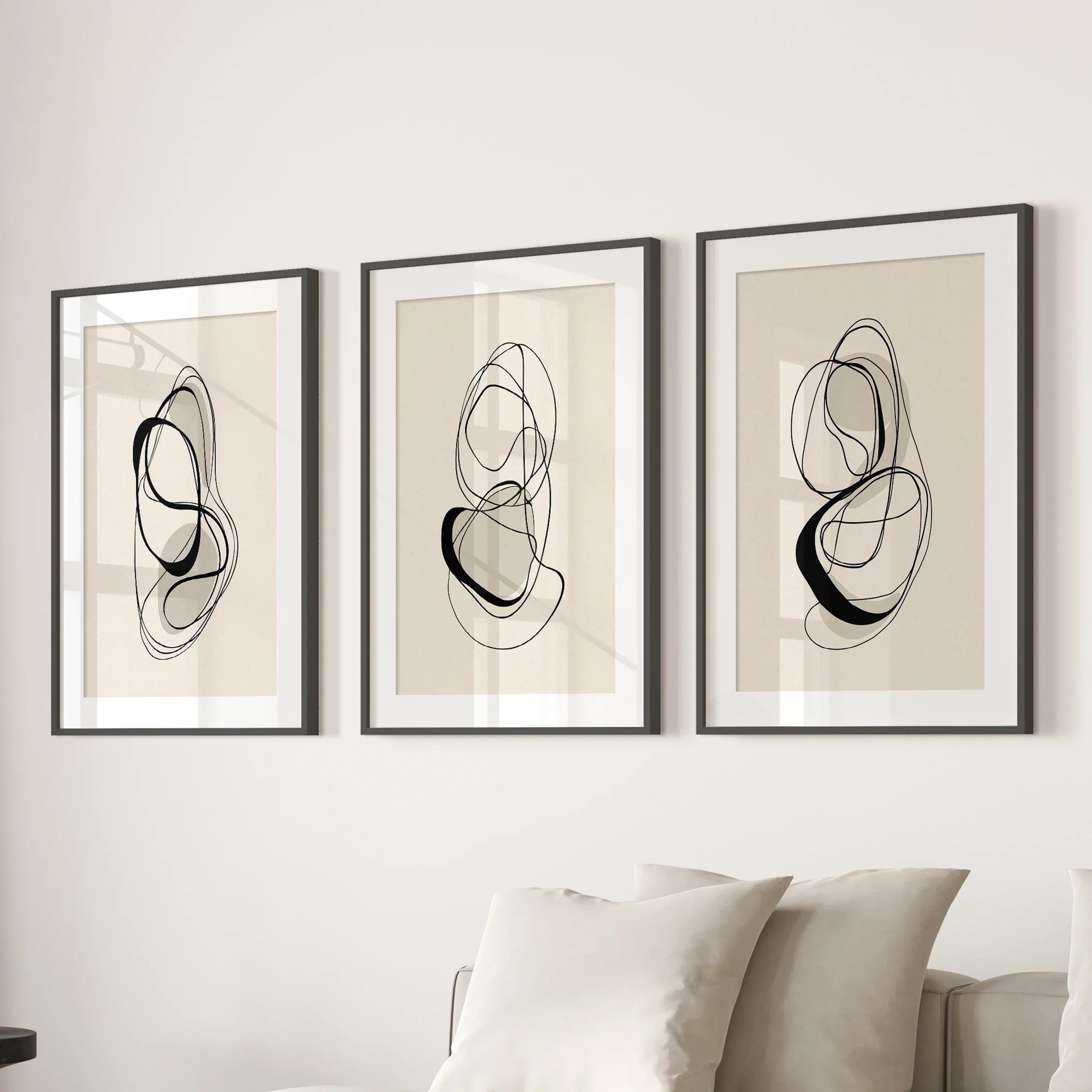 Black and Beige Abstract Set of 3 Wall Art. Minimalist Lines