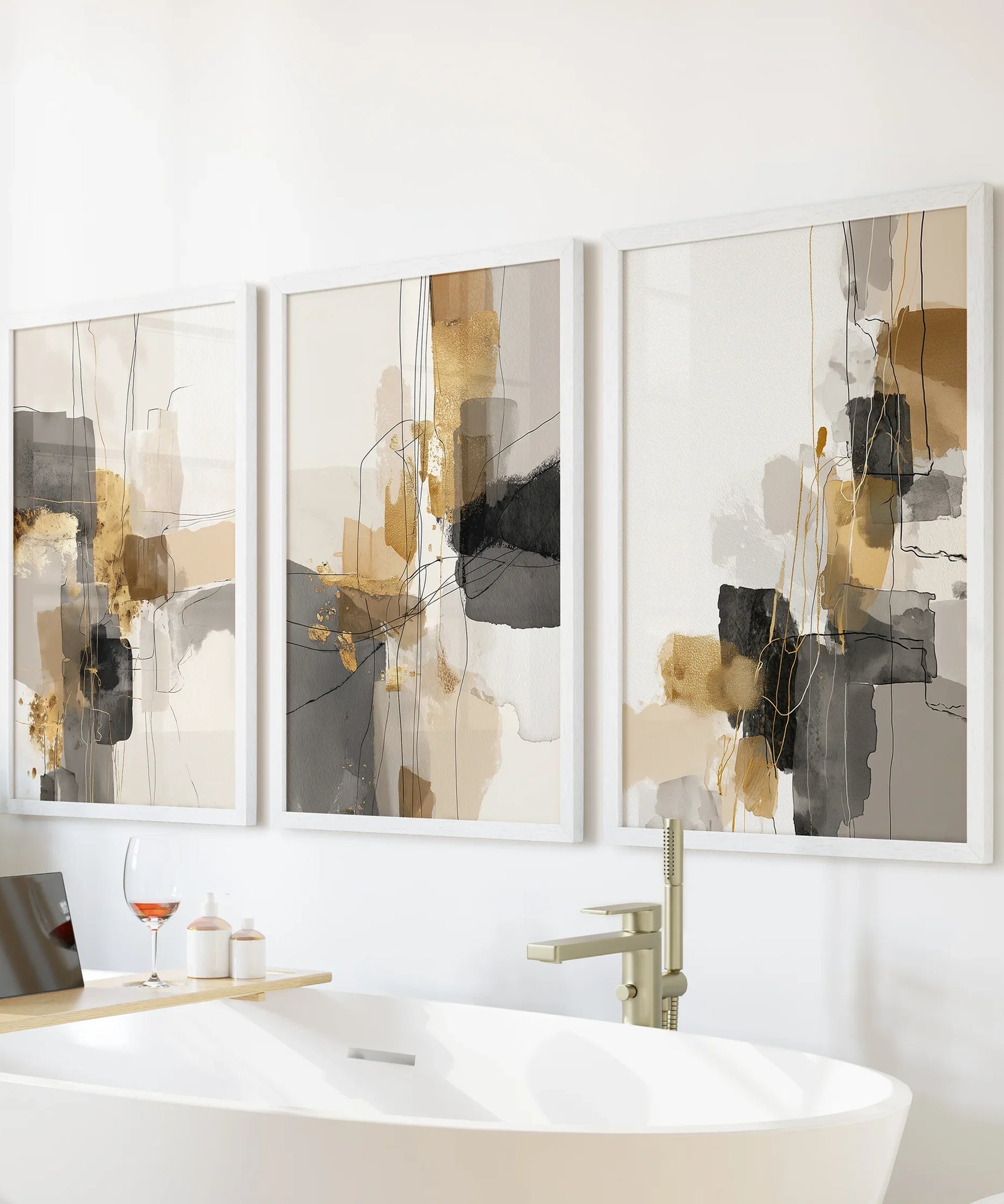 Neutral Abstract Wall Art Set of 3. Beige, Gray, Gold Prints