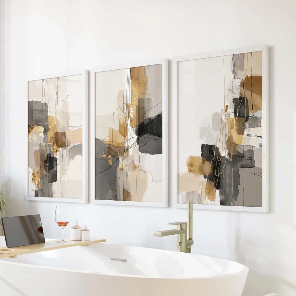 Neutral Abstract Wall Art Set of 3. Beige, Gray, Gold Prints
