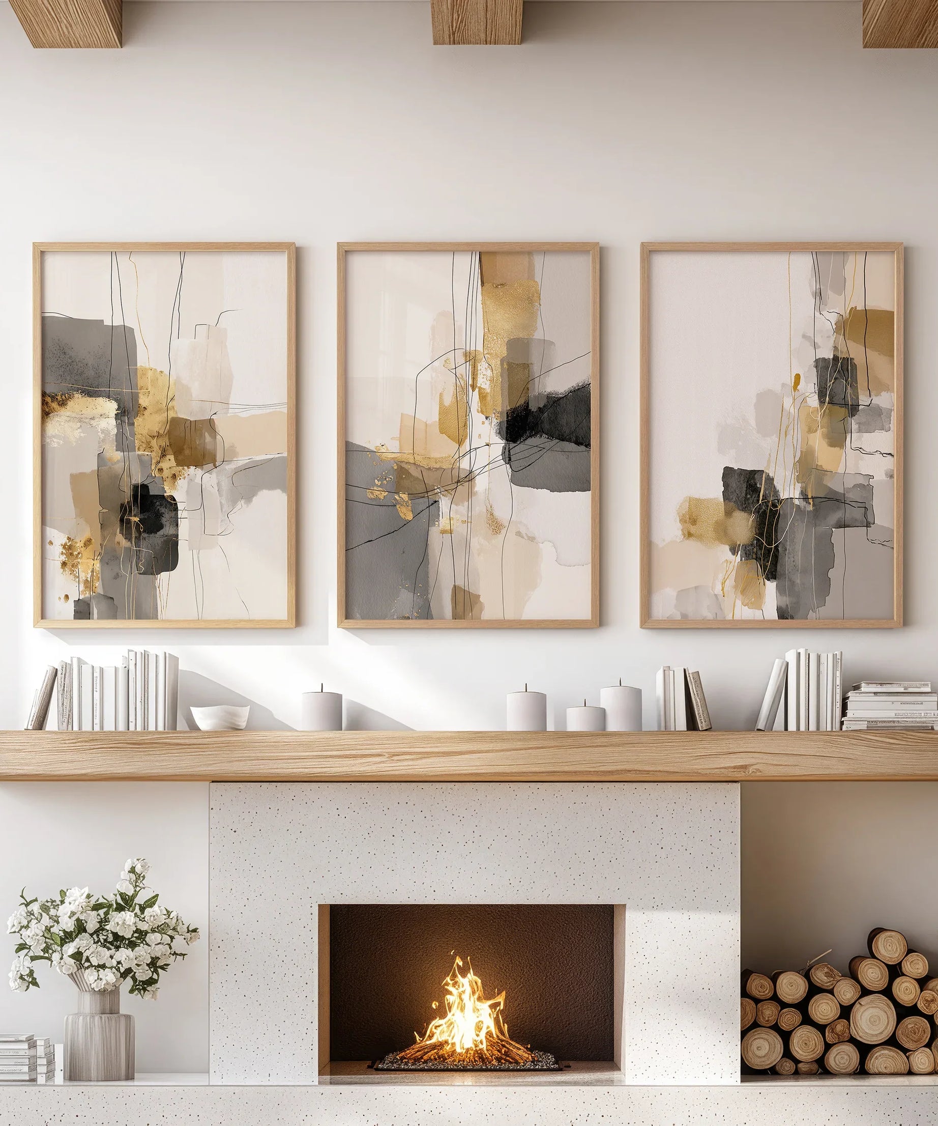 Neutral Abstract Wall Art Set of 3. Beige, Gray, Gold Prints