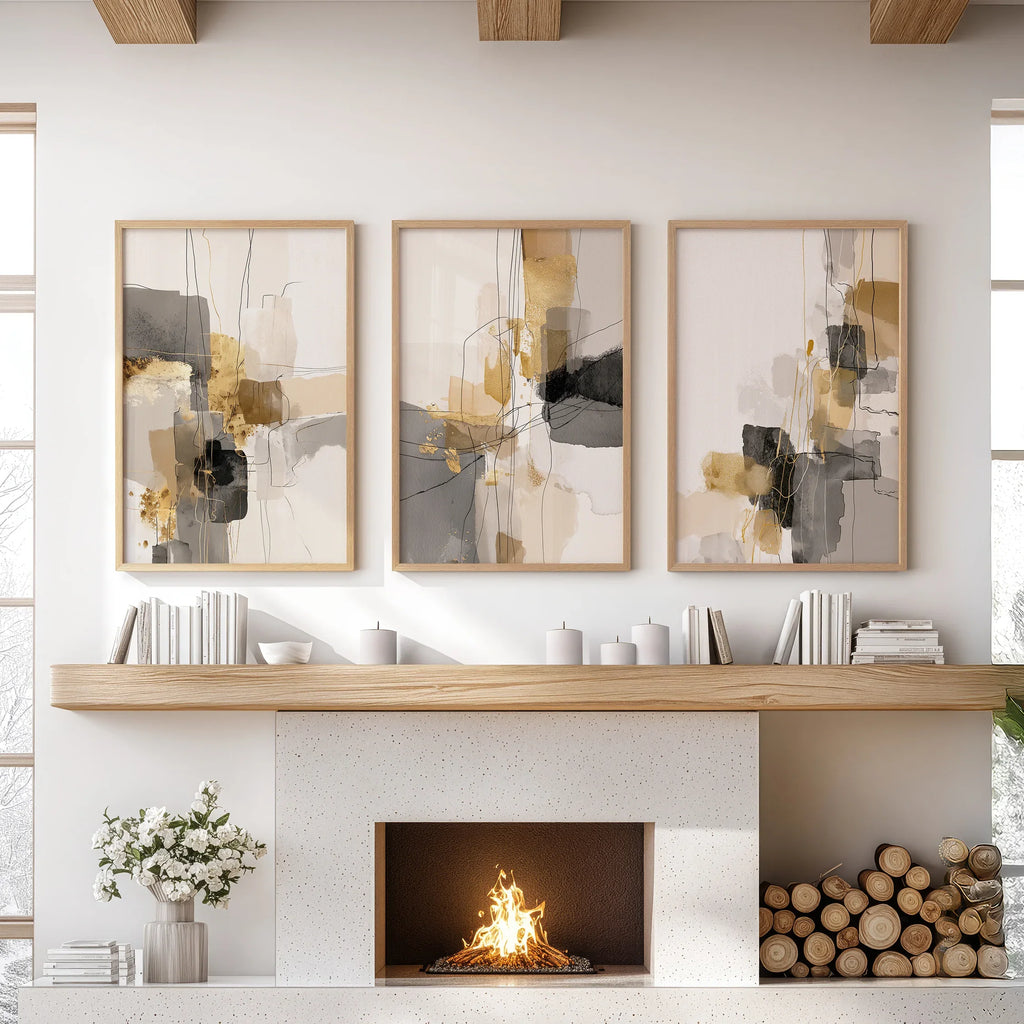 Neutral Abstract Wall Art Set of 3. Beige, Gray, Gold Prints