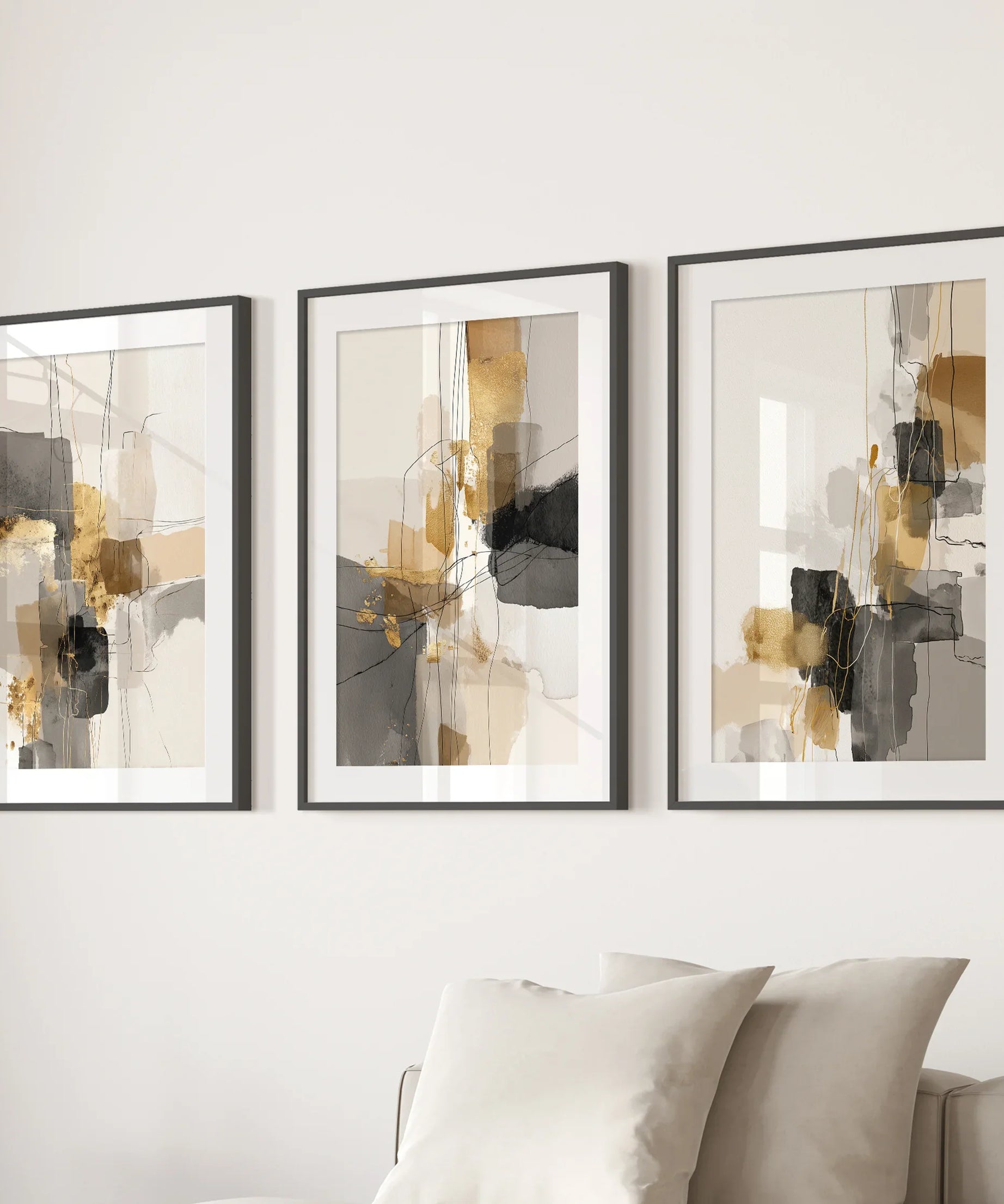 Neutral Abstract Wall Art Set of 3. Beige, Gray, Gold Prints
