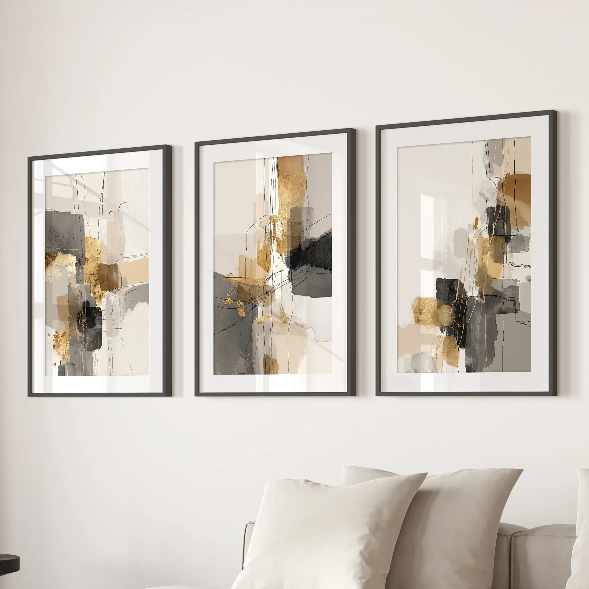 Neutral Abstract Wall Art Set of 3. Beige, Gray, Gold Prints
