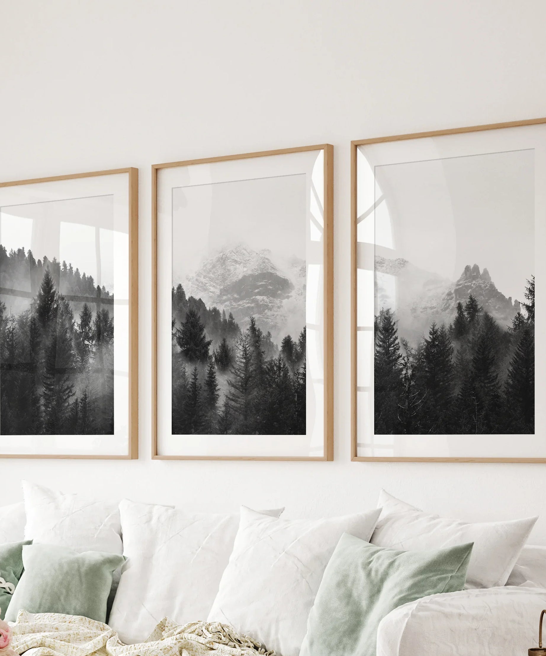 Black White Forest Triptych. Misty Mountains Nature Posters
