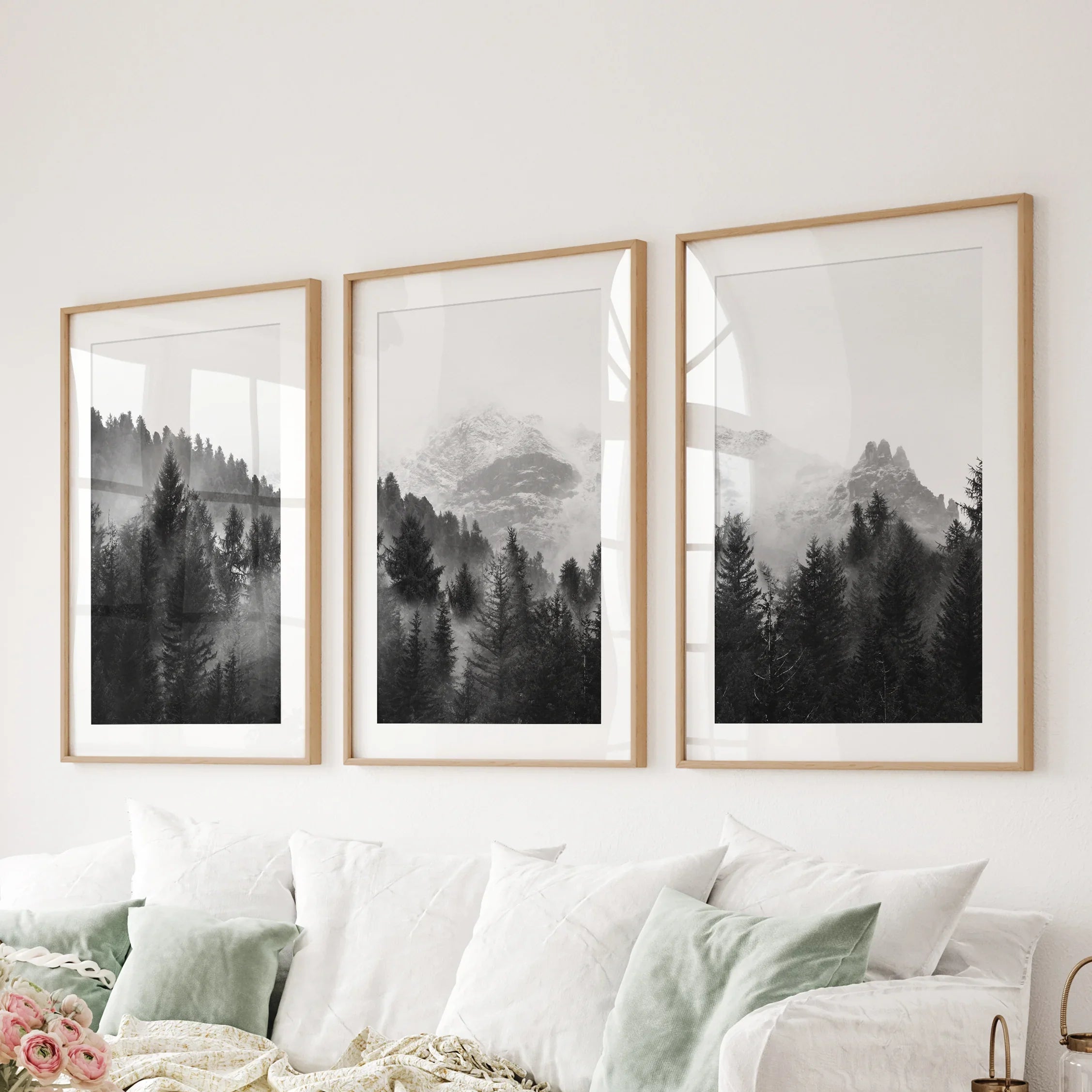 Black White Forest Triptych. Misty Mountains Nature Posters