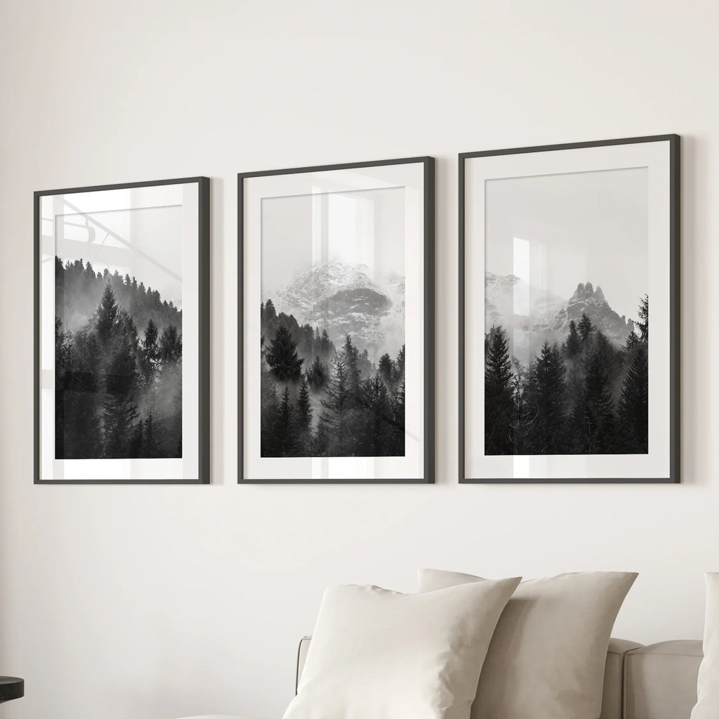 Black White Forest Triptych. Misty Mountains Nature Posters