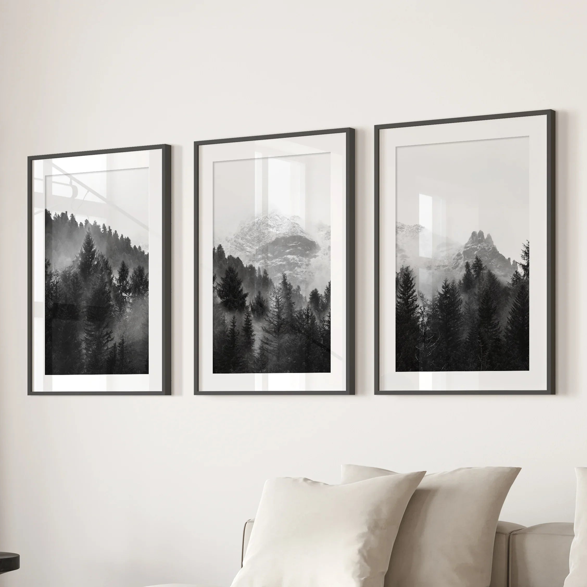 Black White Forest Triptych. Misty Mountains Nature Posters