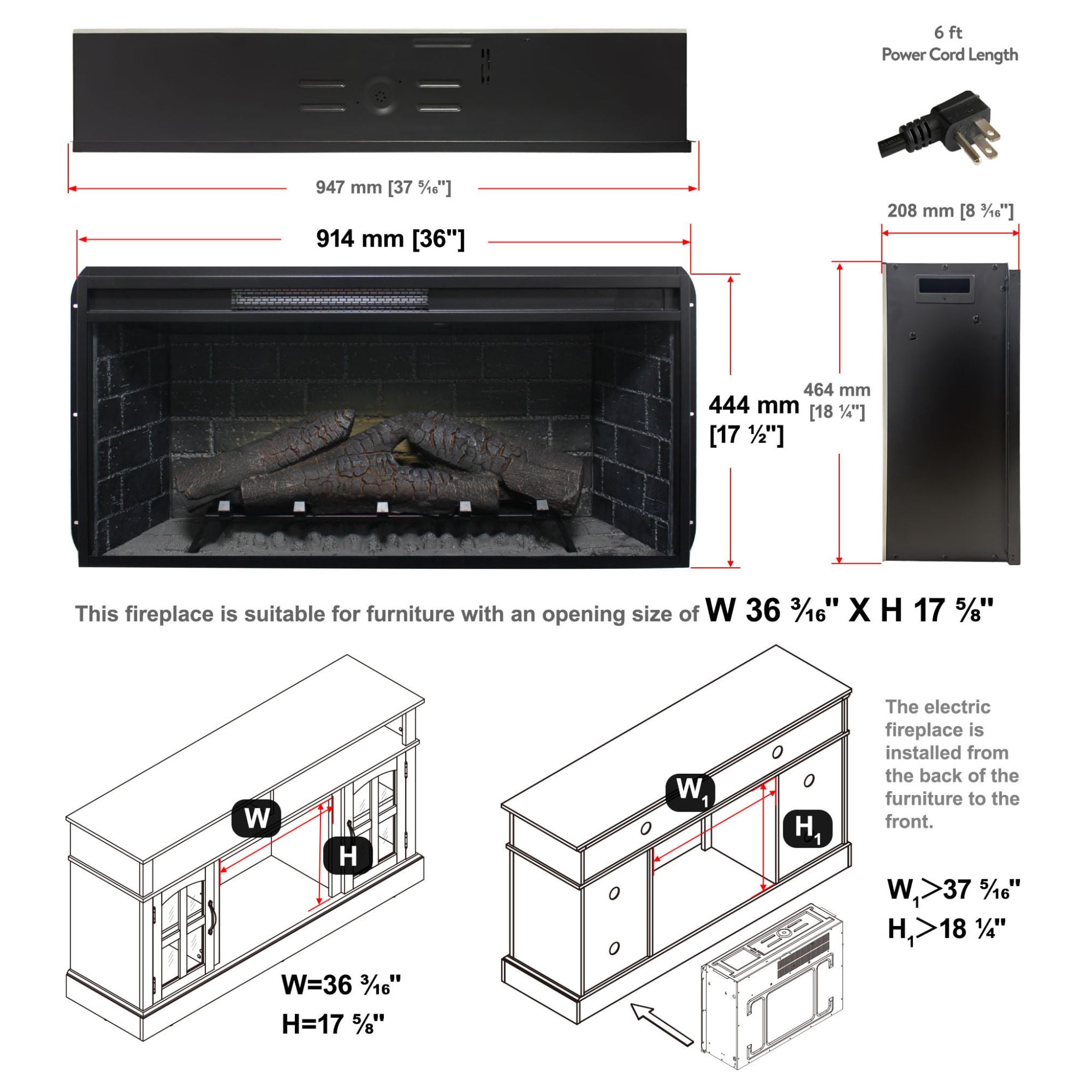 Nuvia 36-Inch Electric Antique Black Touch Panel Infrared Fireplace Insert With Removable Trim Kit (SAK84610)