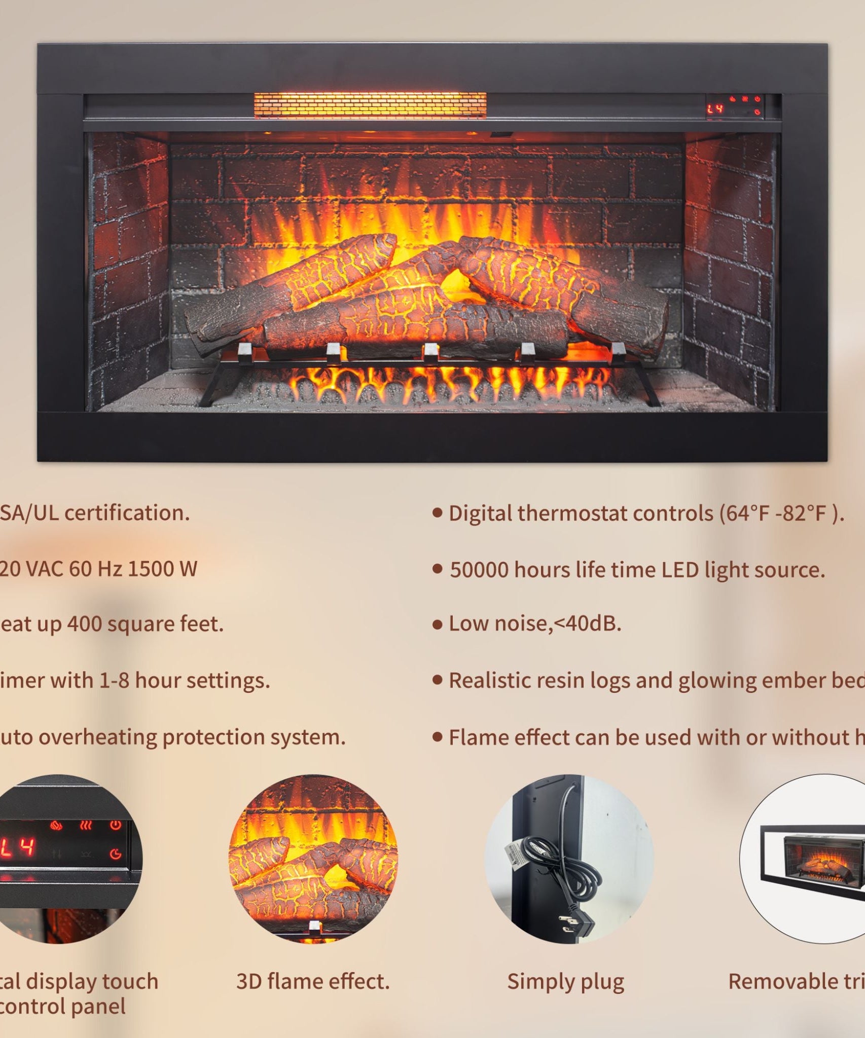 Nuvia 36-Inch Electric Antique Black Touch Panel Infrared Fireplace Insert With Removable Trim Kit (SAK84610)