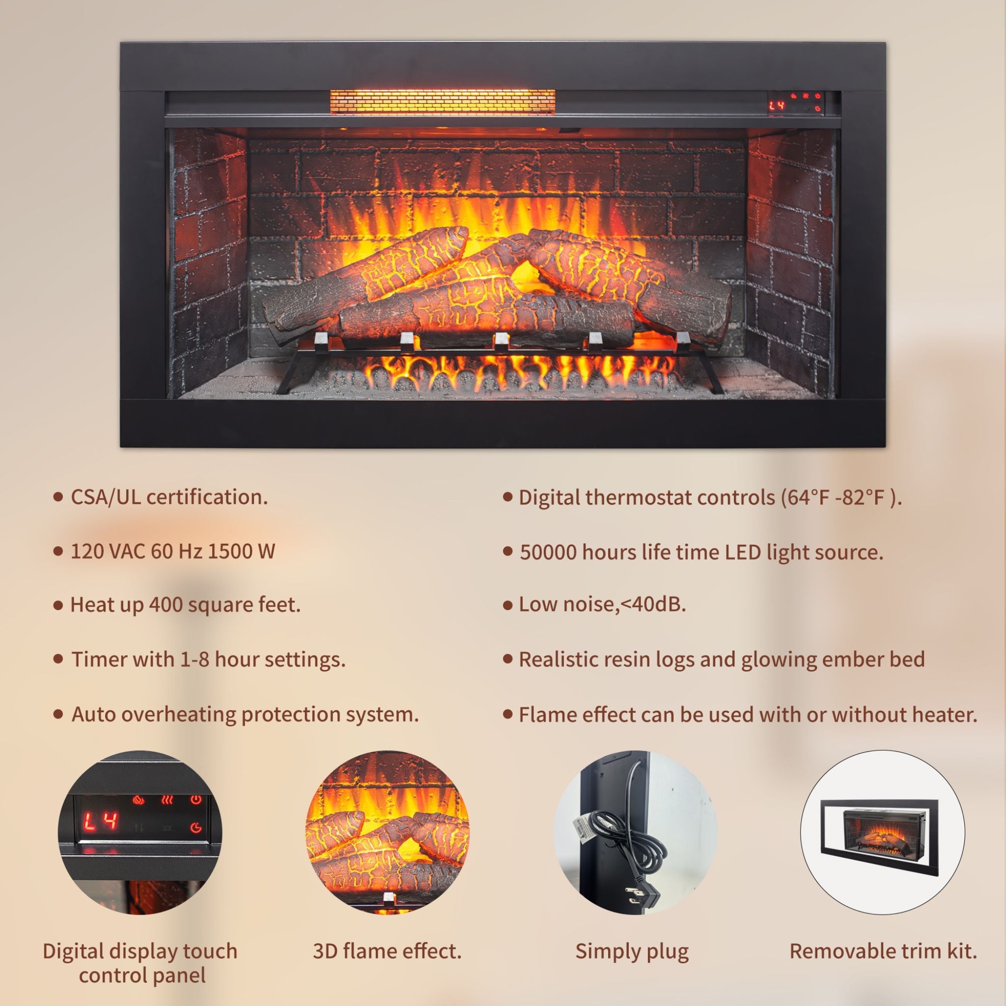 Nuvia 36-Inch Electric Antique Black Touch Panel Infrared Fireplace Insert With Removable Trim Kit (SAK84610)
