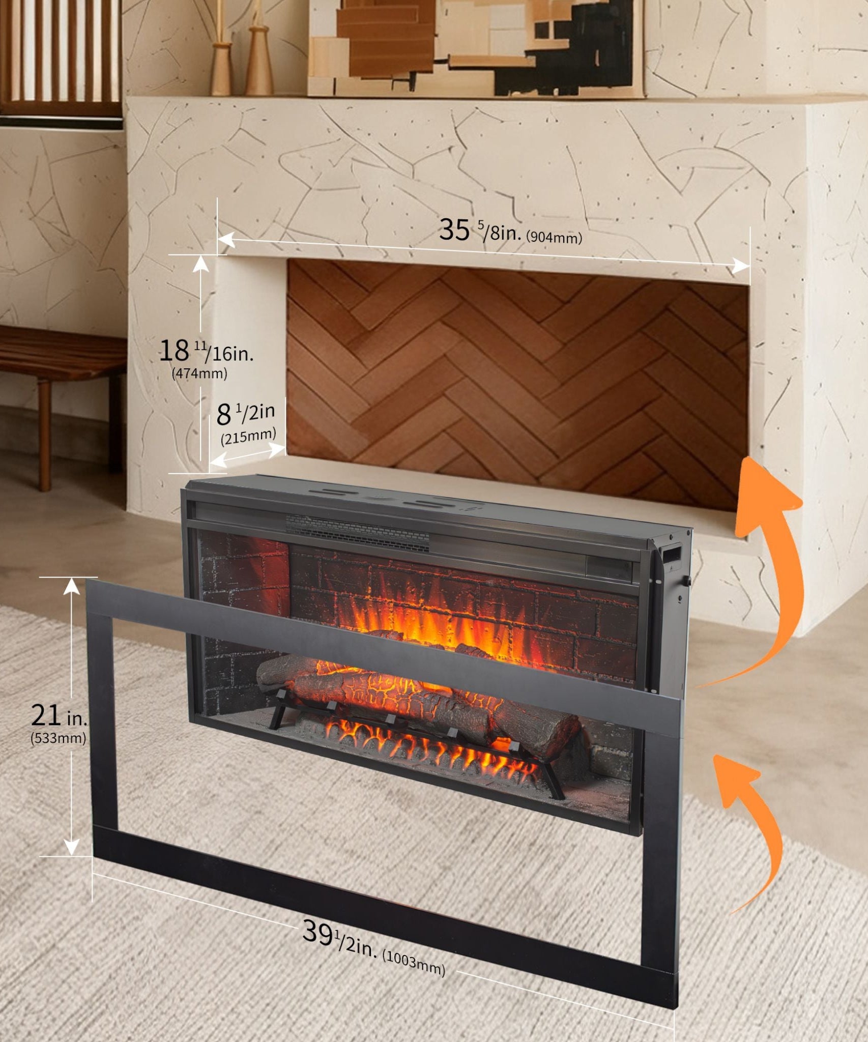 Nuvia 36-Inch Electric Antique Black Touch Panel Infrared Fireplace Insert With Removable Trim Kit (SAK84610)