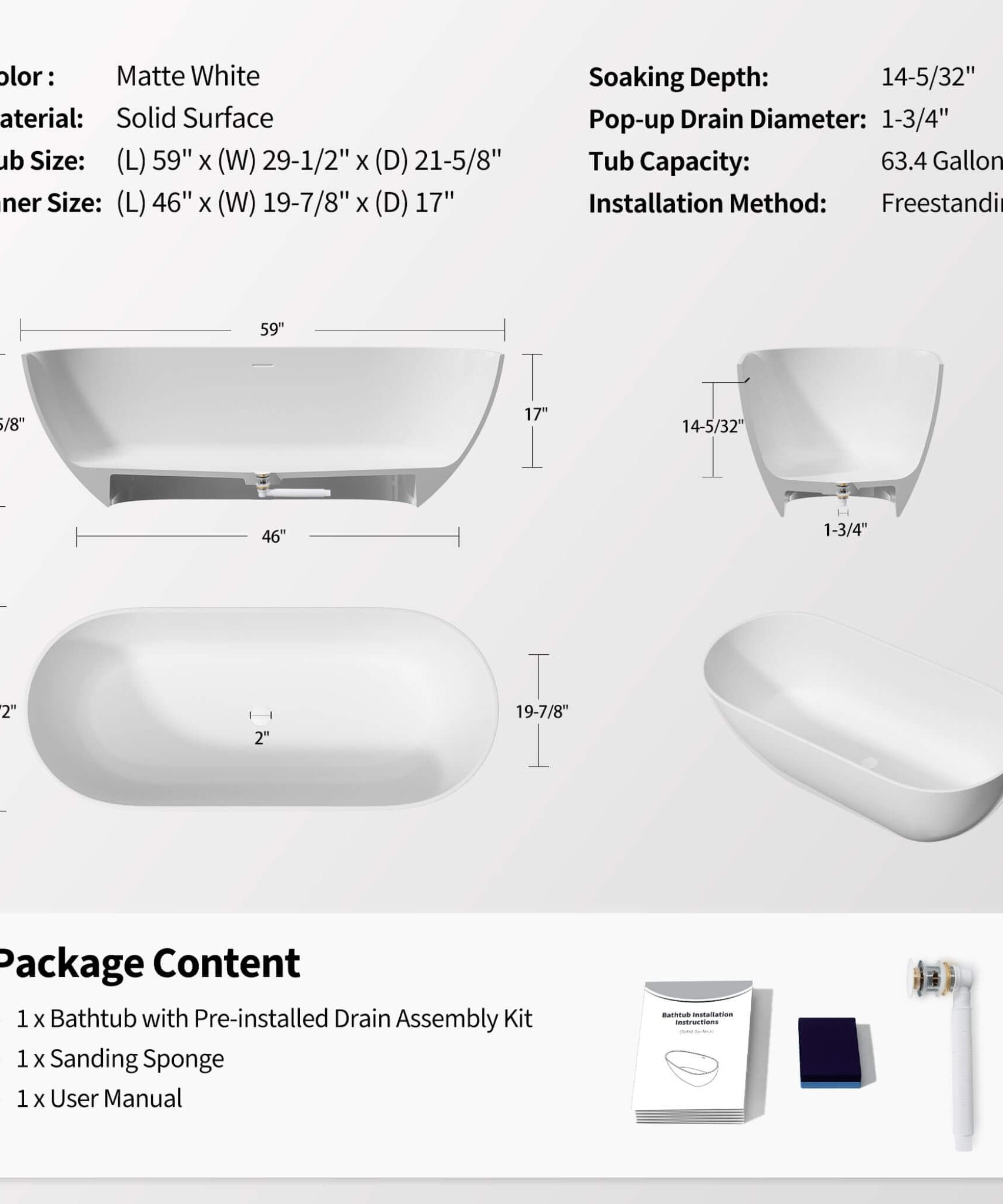 Nuvia 59-Inch Luxury Solid Surface Matte White Freestanding Soaking Tub (SAK95320)