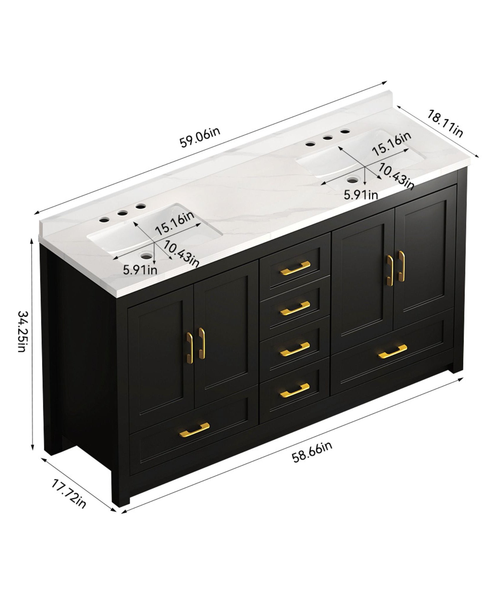 Nuvia 60-Inch Black Bathroom Vanity With Soft Close Doors And Drawers Storage (SAK86210)