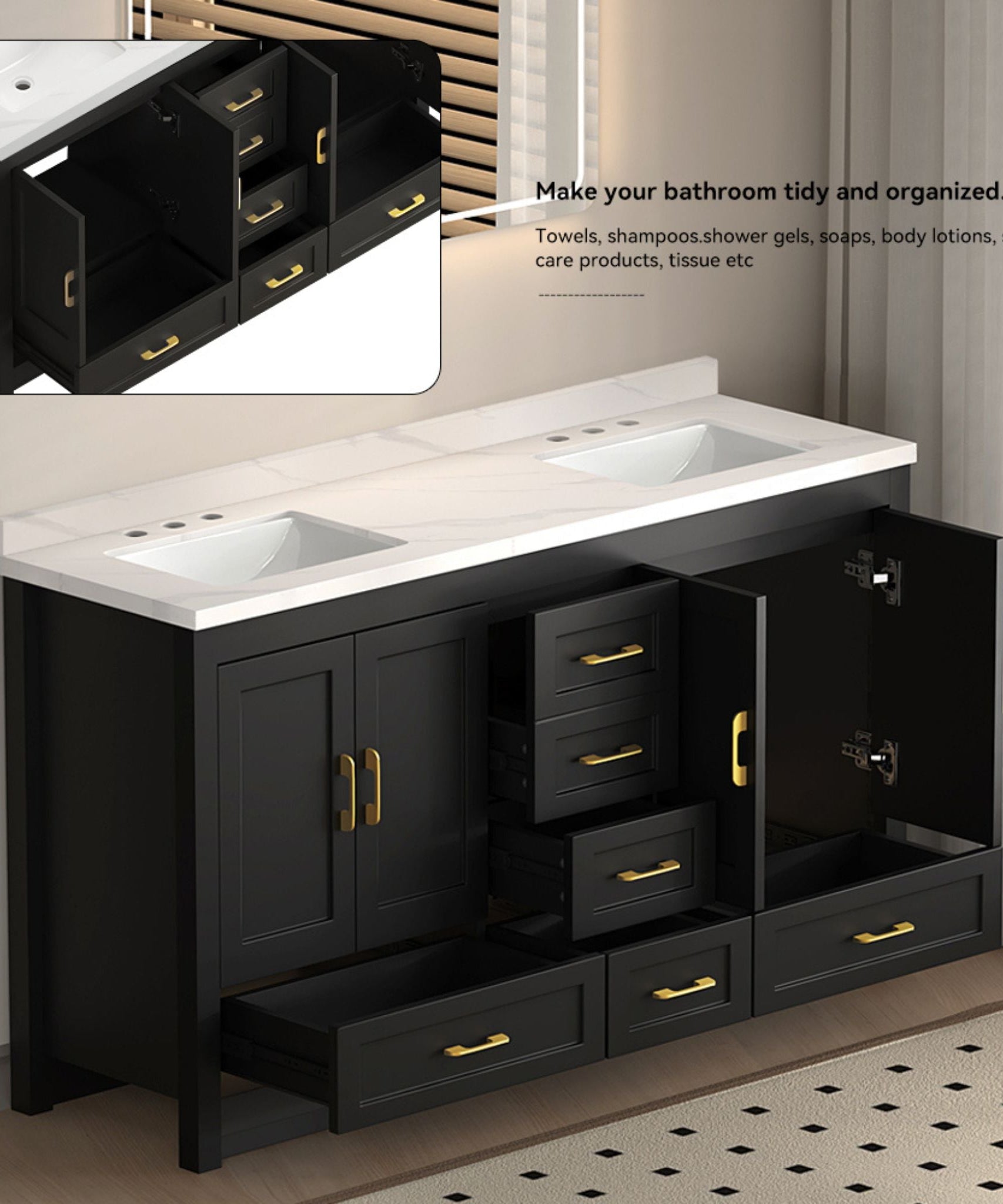 Nuvia 60-Inch Black Bathroom Vanity With Soft Close Doors And Drawers Storage (SAK86210)
