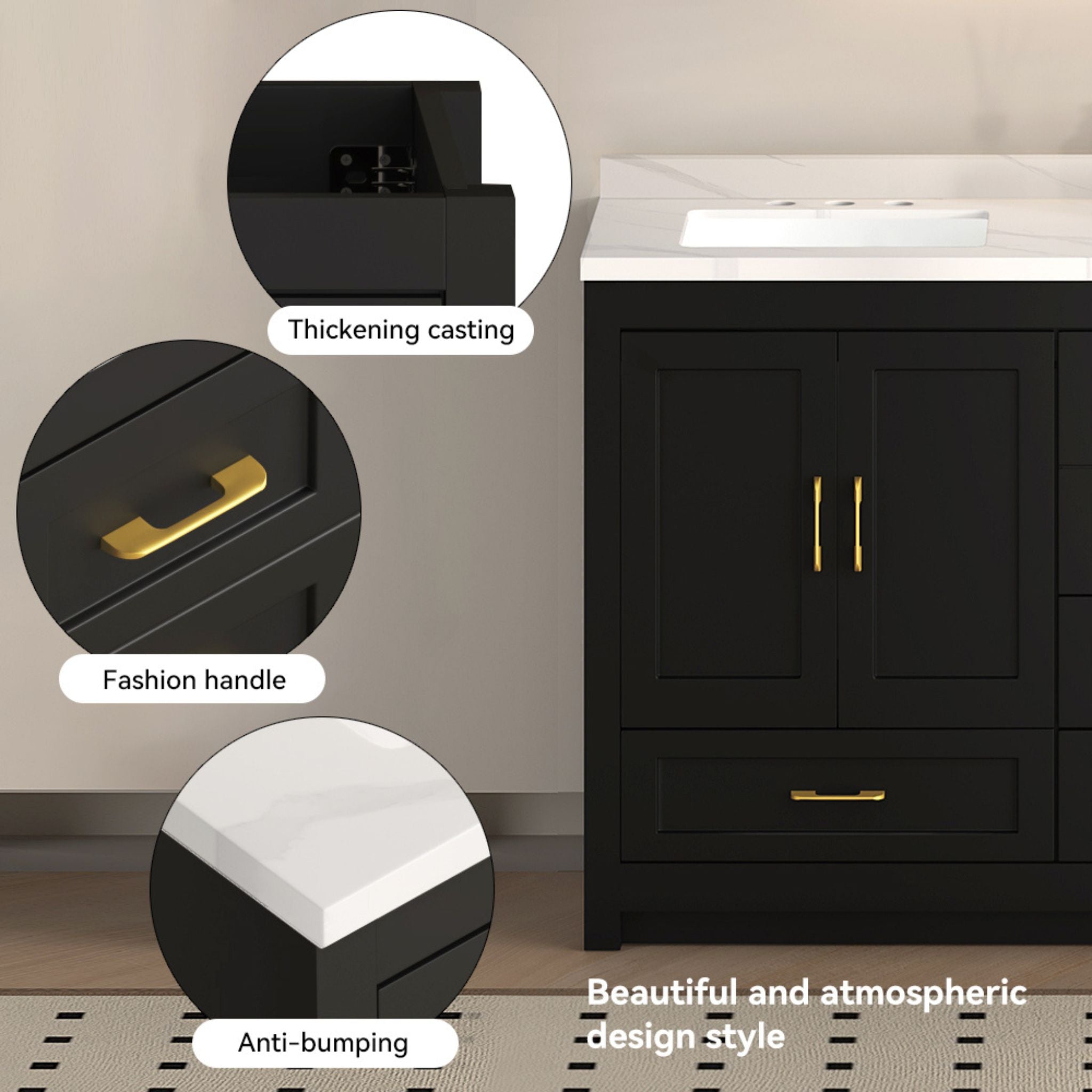 Nuvia 60-Inch Black Bathroom Vanity With Soft Close Doors And Drawers Storage (SAK86210)