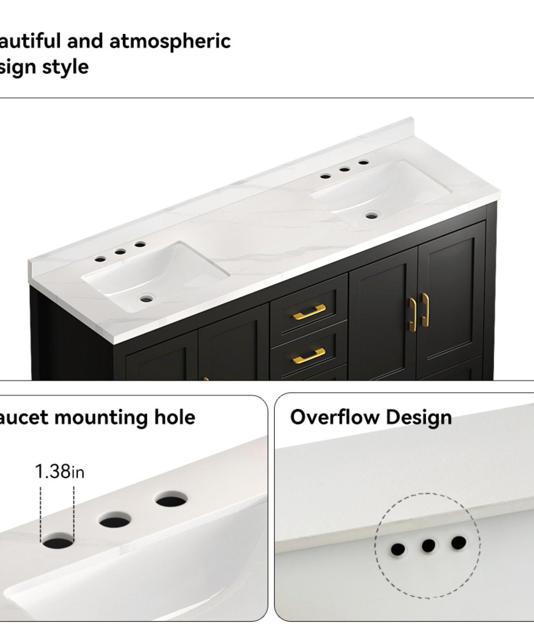 Nuvia 60-Inch Black Bathroom Vanity With Soft Close Doors And Drawers Storage (SAK86210)