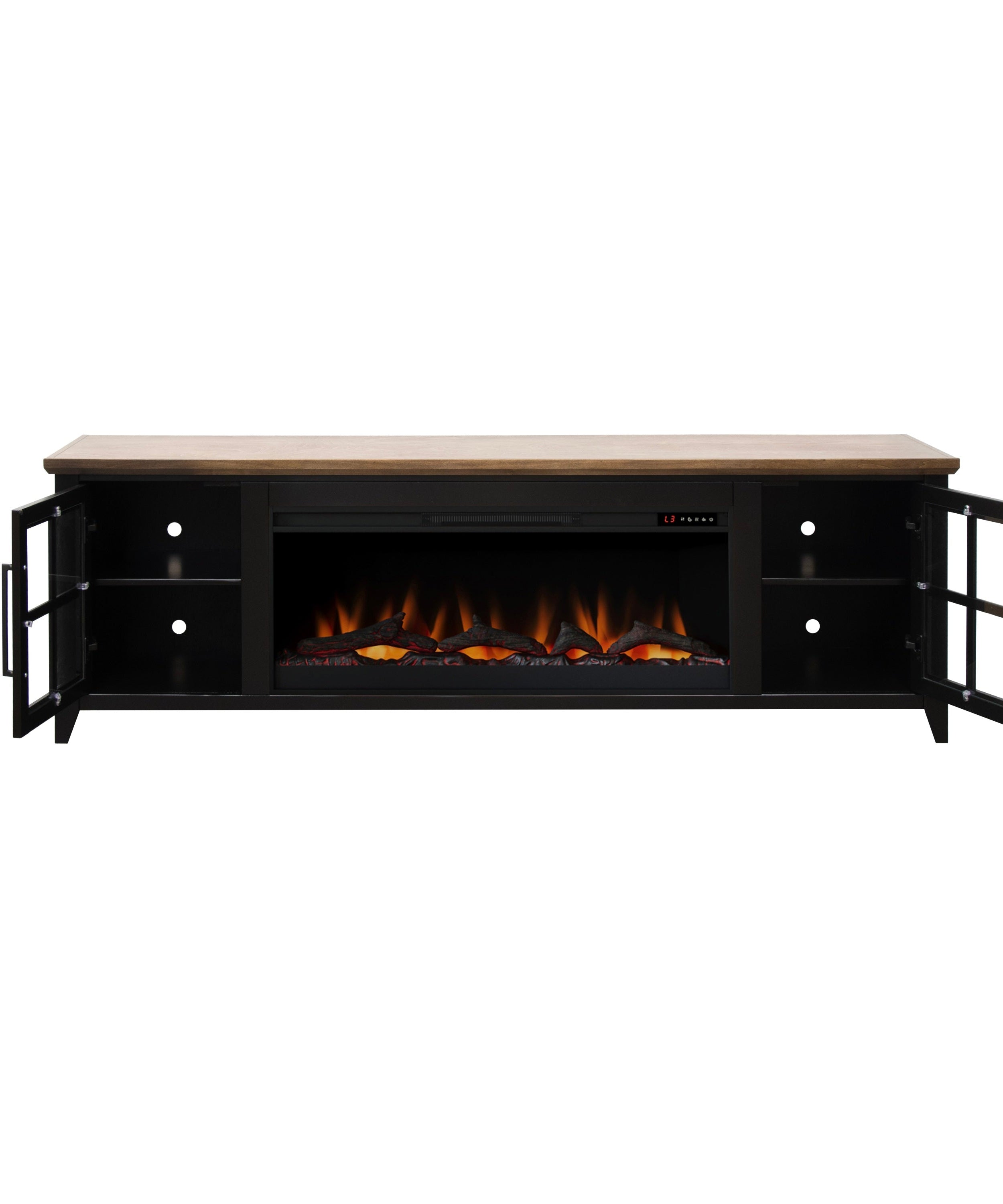 Nuvia 83-Inch Bourbon Black TV Stand With Fireplace And Glass Windowpane Doors (SAK40281)
