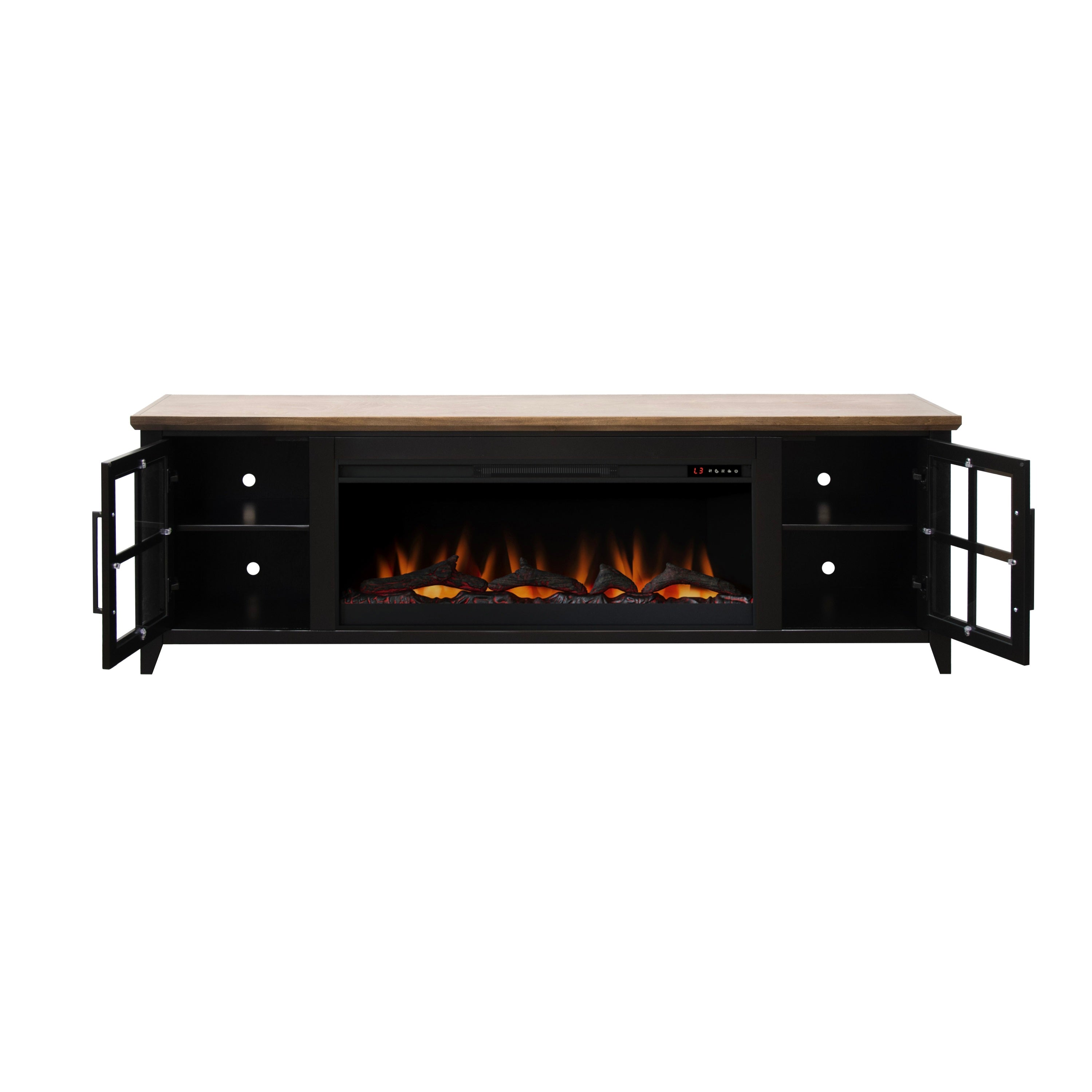 Nuvia 83-Inch Bourbon Black TV Stand With Fireplace And Glass Windowpane Doors (SAK40281)