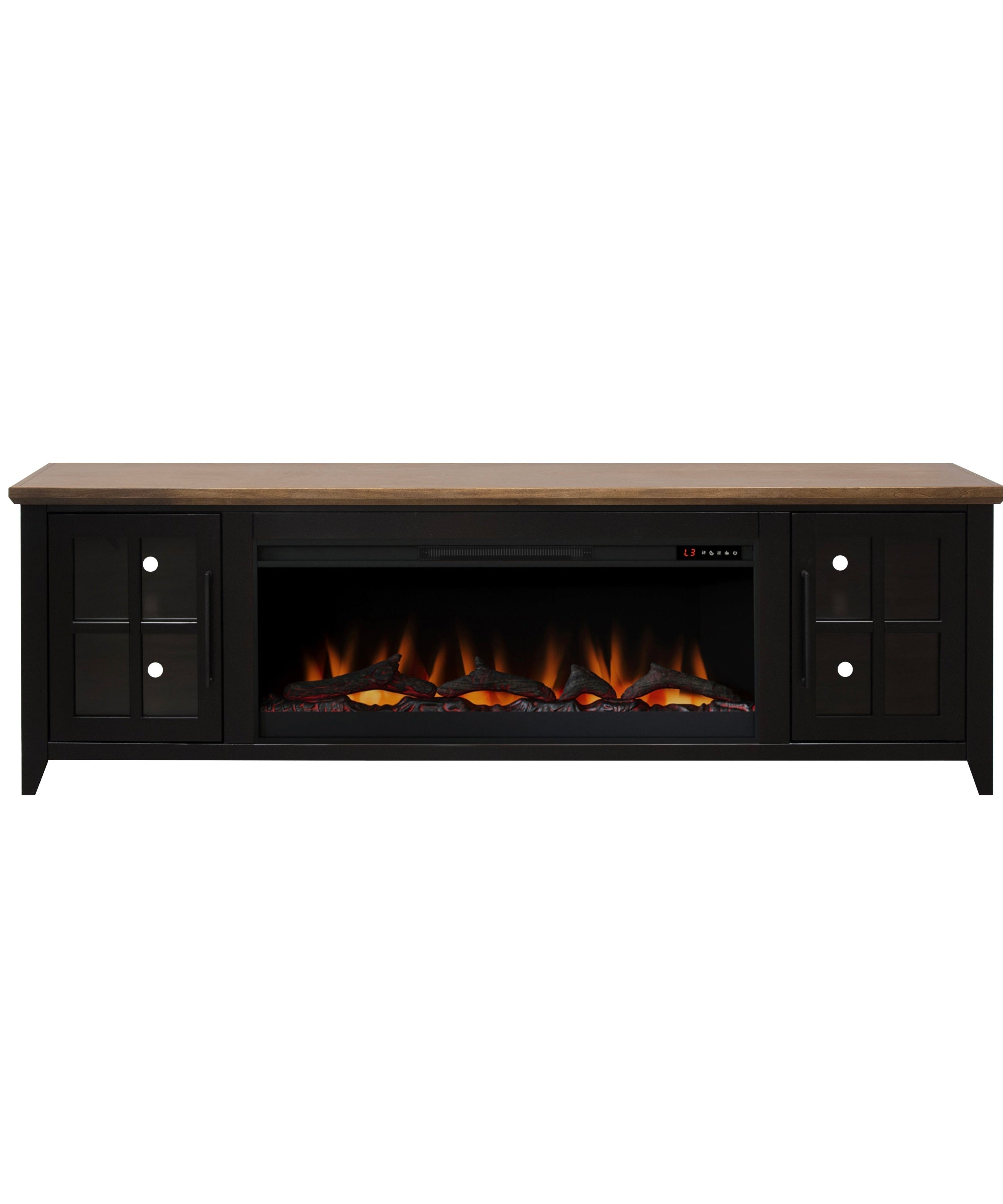Nuvia 83-Inch Bourbon Black TV Stand With Fireplace And Glass Windowpane Doors (SAK40281)