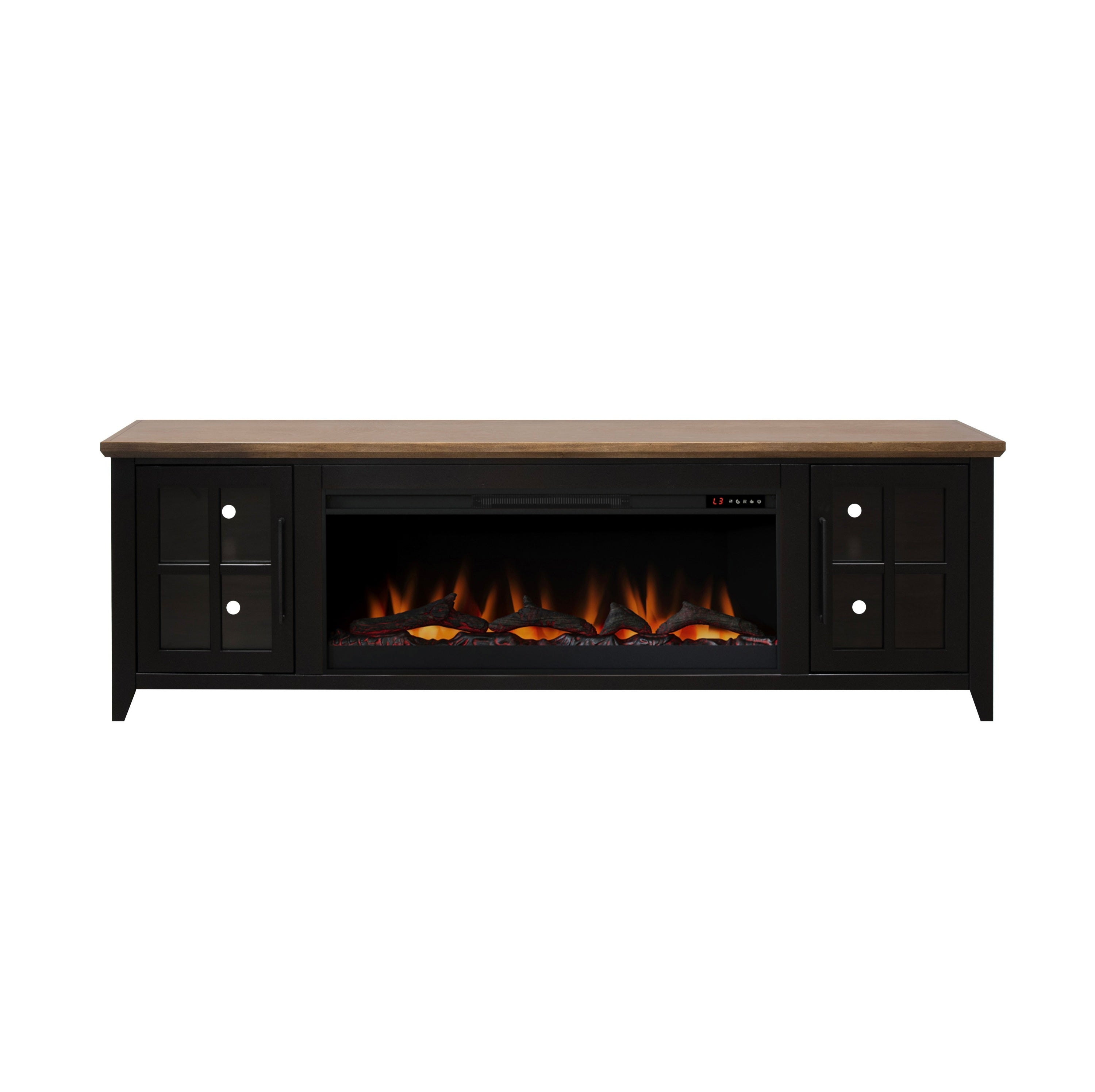 Nuvia 83-Inch Bourbon Black TV Stand With Fireplace And Glass Windowpane Doors (SAK40281)