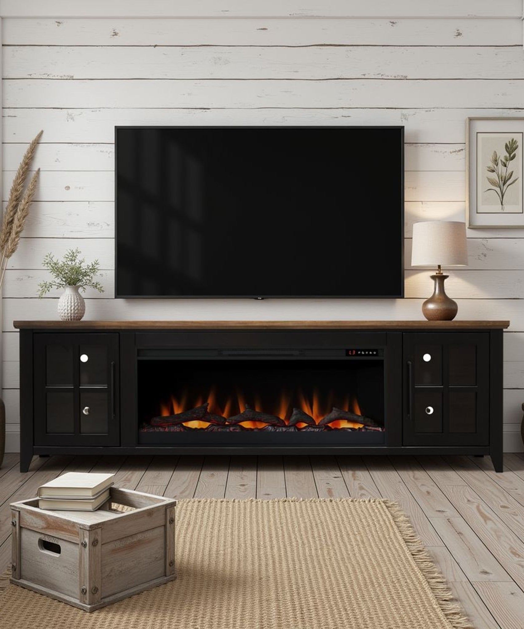 Nuvia 83-Inch Bourbon Black TV Stand With Fireplace And Glass Windowpane Doors (SAK40281)