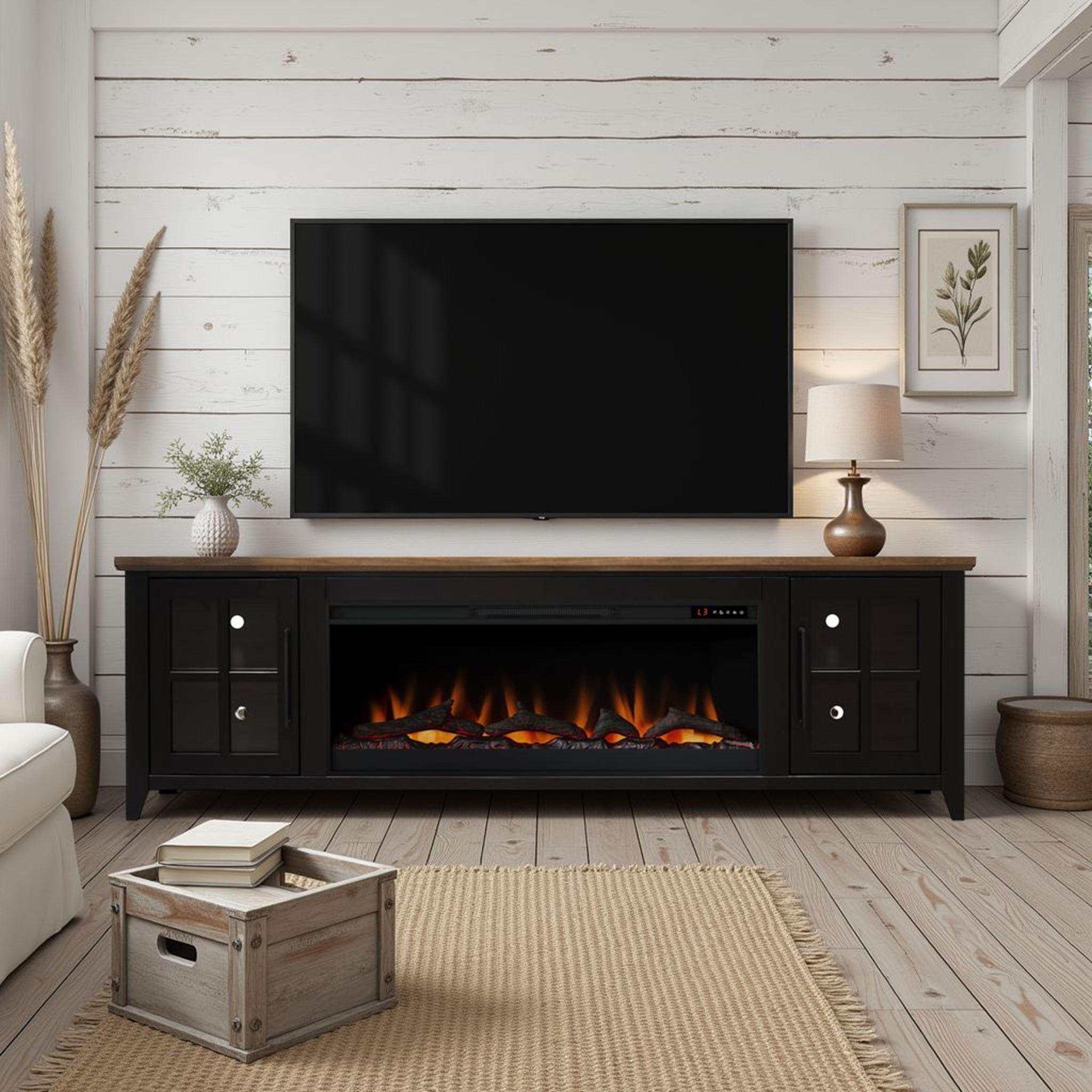 Nuvia 83-Inch Bourbon Black TV Stand With Fireplace And Glass Windowpane Doors (SAK40281)