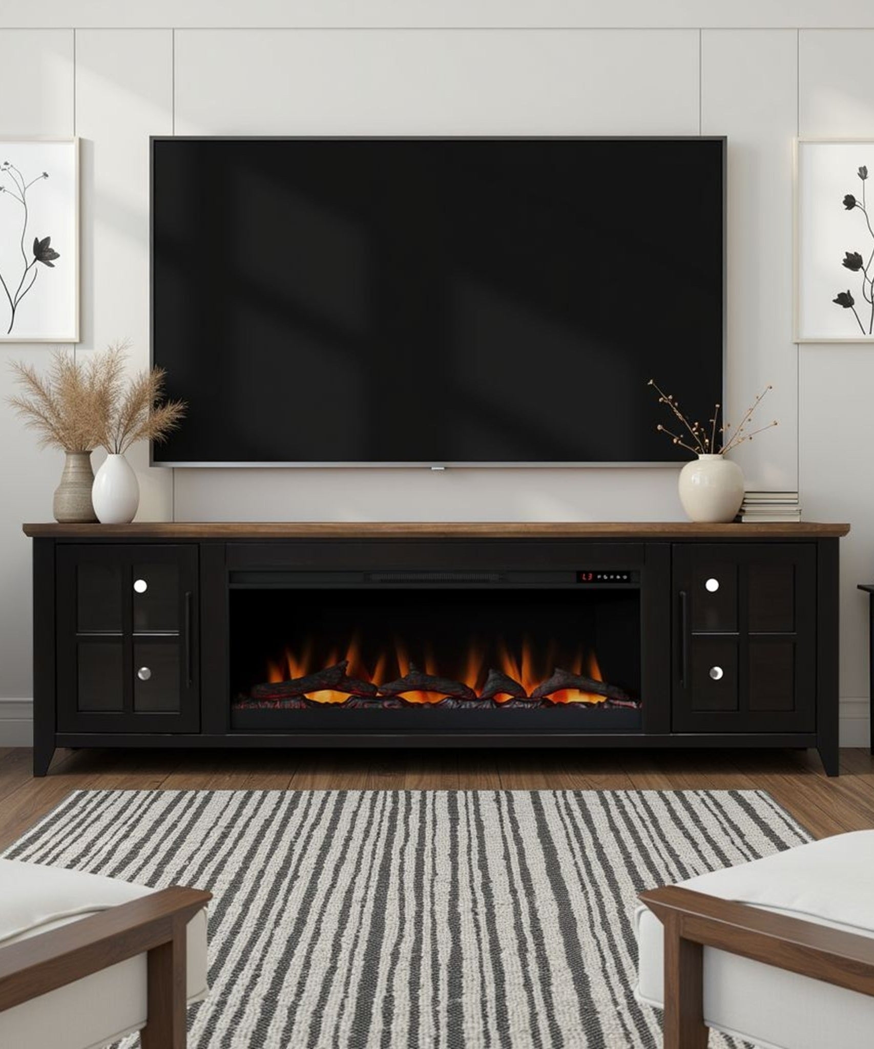 Nuvia 83-Inch Bourbon Black TV Stand With Fireplace And Glass Windowpane Doors (SAK40281)