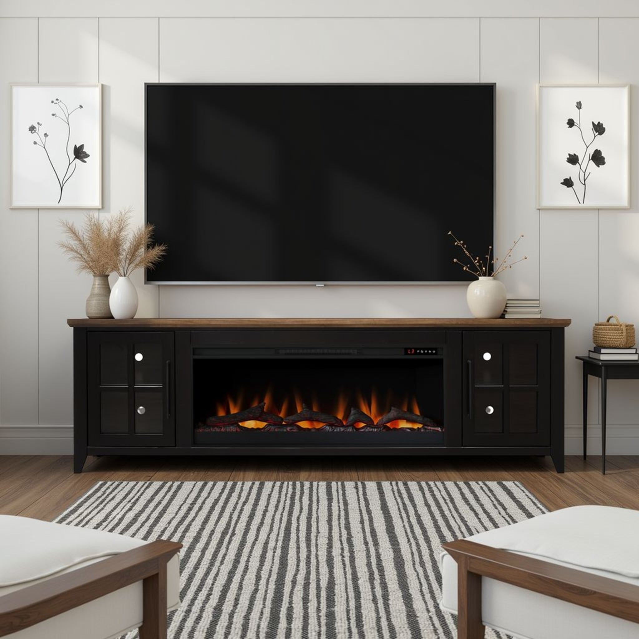 Nuvia 83-Inch Bourbon Black TV Stand With Fireplace And Glass Windowpane Doors (SAK40281)