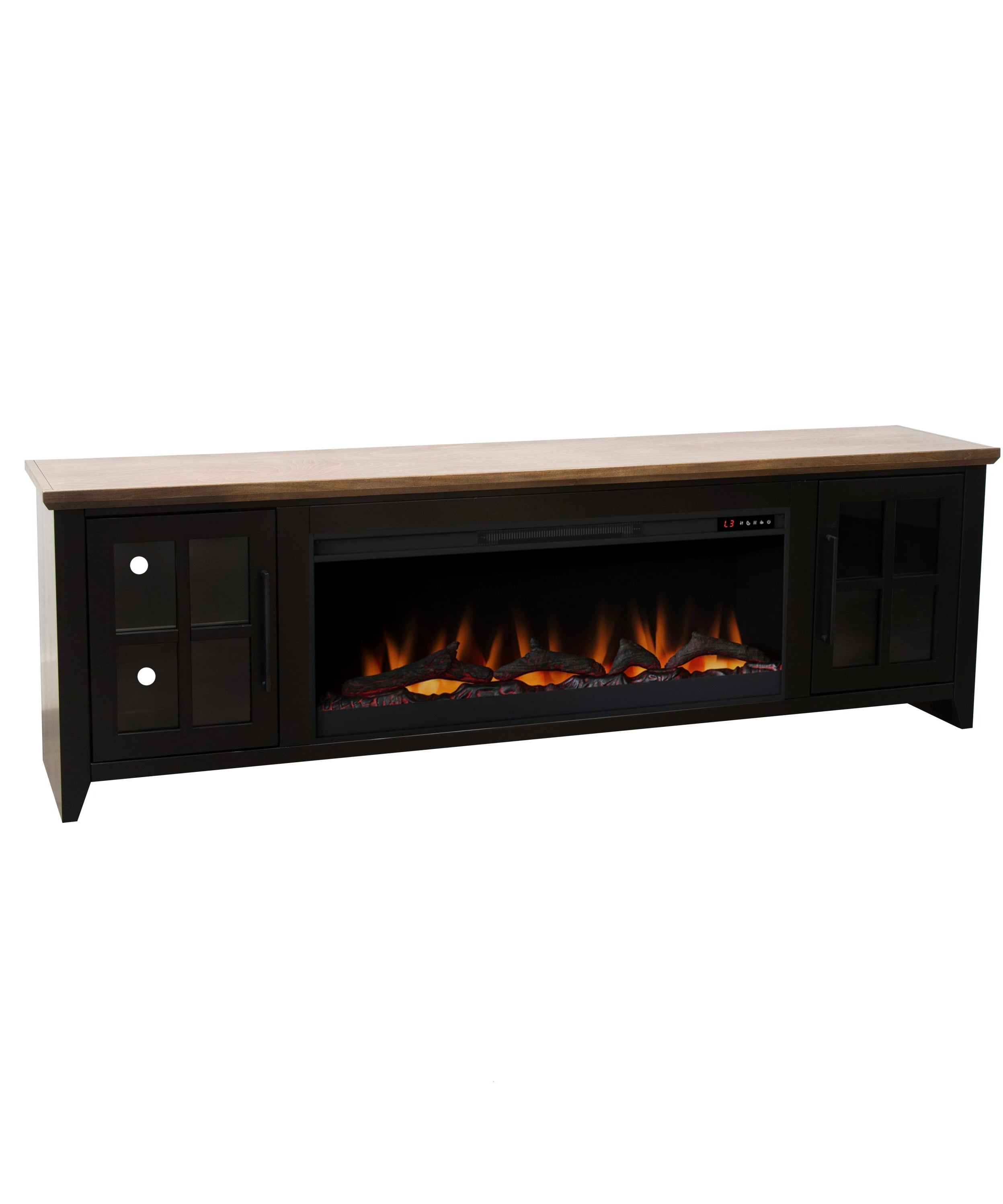 Nuvia 83-Inch Bourbon Black TV Stand With Fireplace And Glass Windowpane Doors (SAK40281)