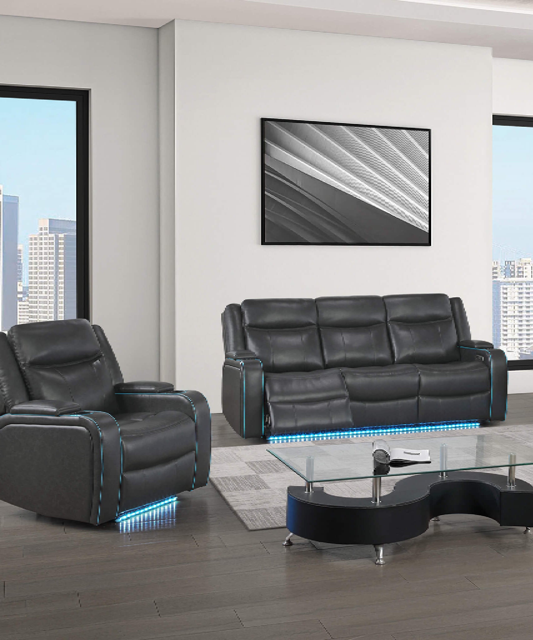 Nuvia Luxury Charcoal Upholstered Power Recliner Armchair With LED Lights (SAK16429)