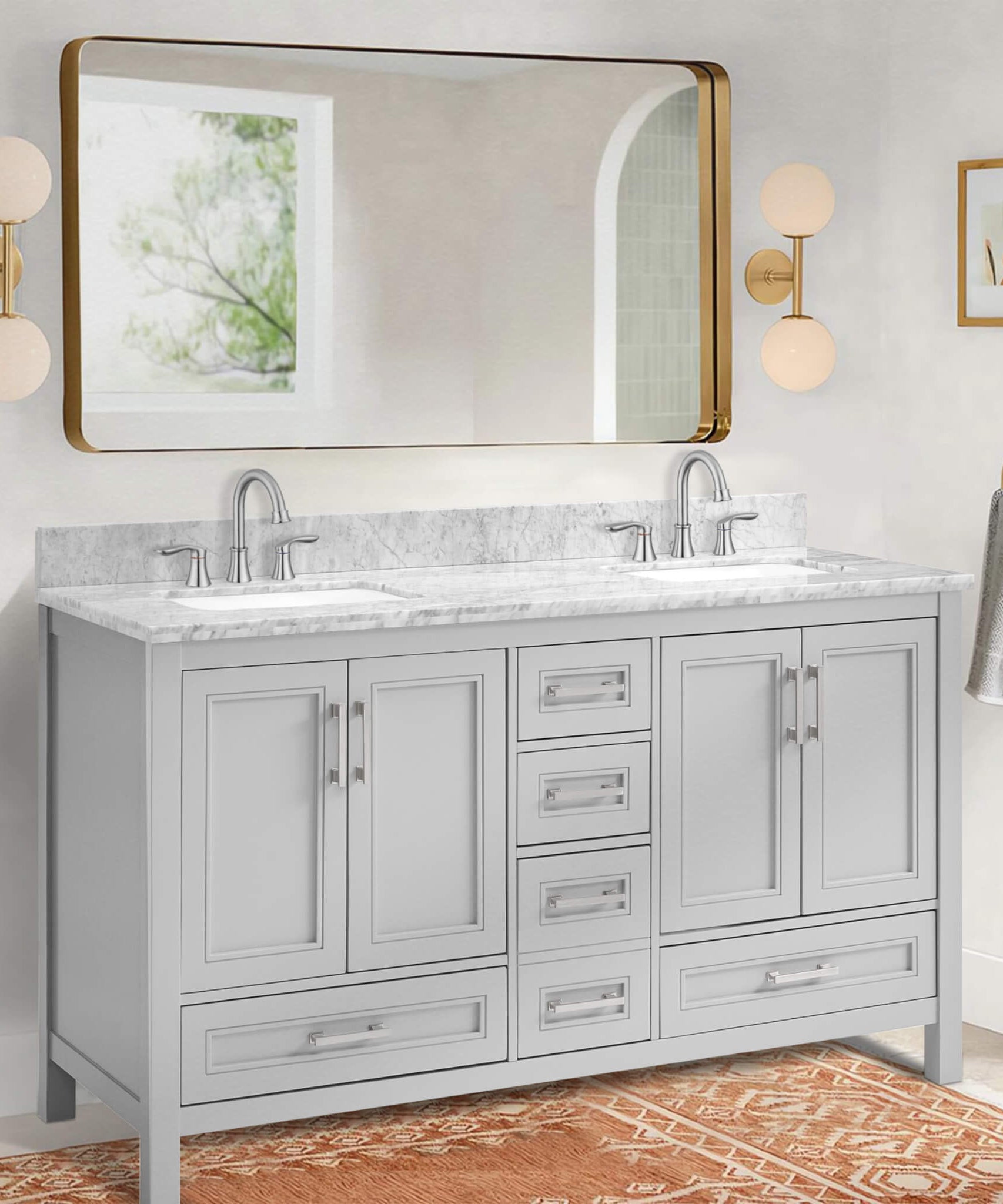 Nuvia Premium 60-Inch Freestanding Double Sink Bathroom Vanity With Carrara Marble Top (SAK51829)