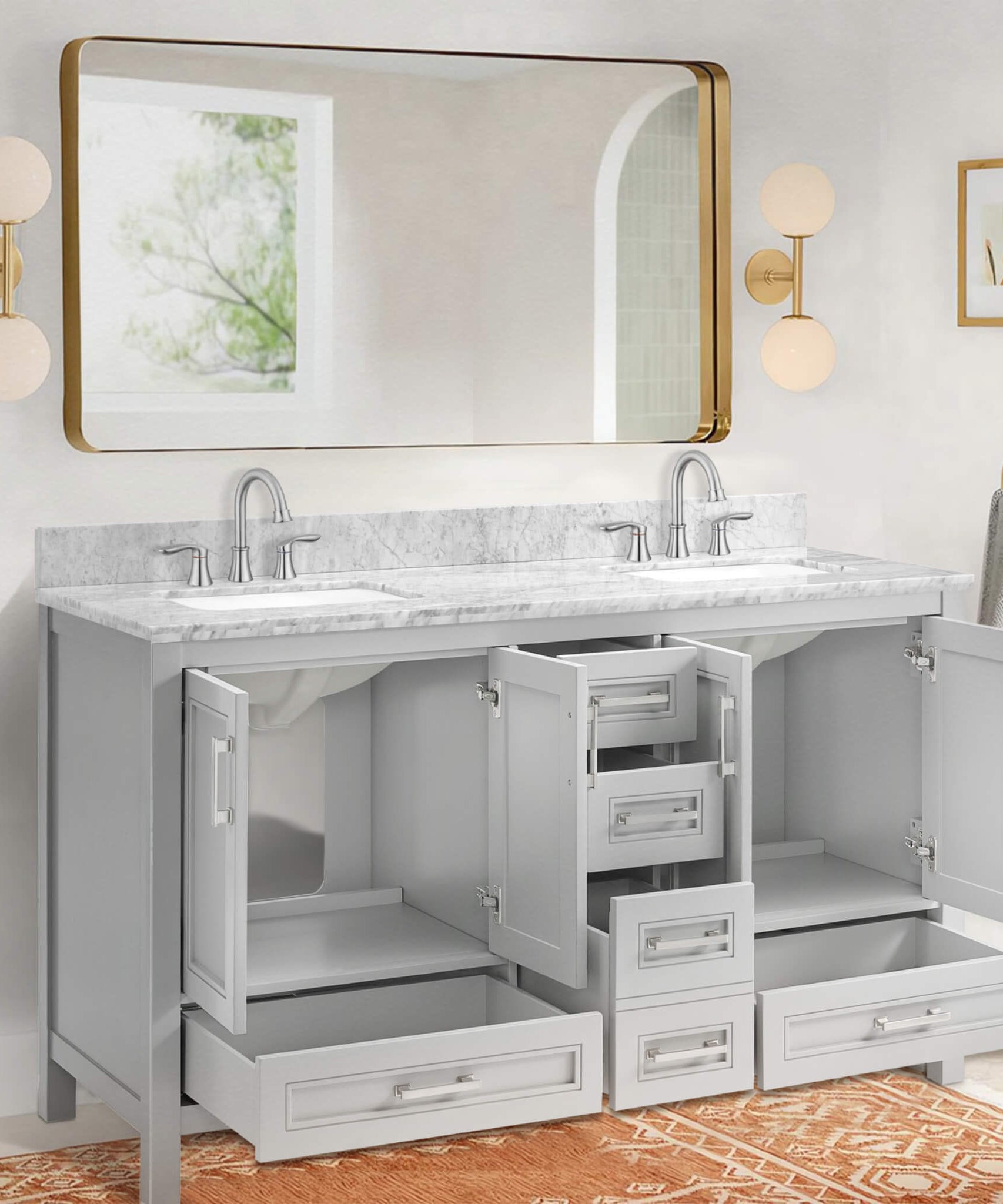 Nuvia Premium 60-Inch Freestanding Double Sink Bathroom Vanity With Carrara Marble Top (SAK51829)