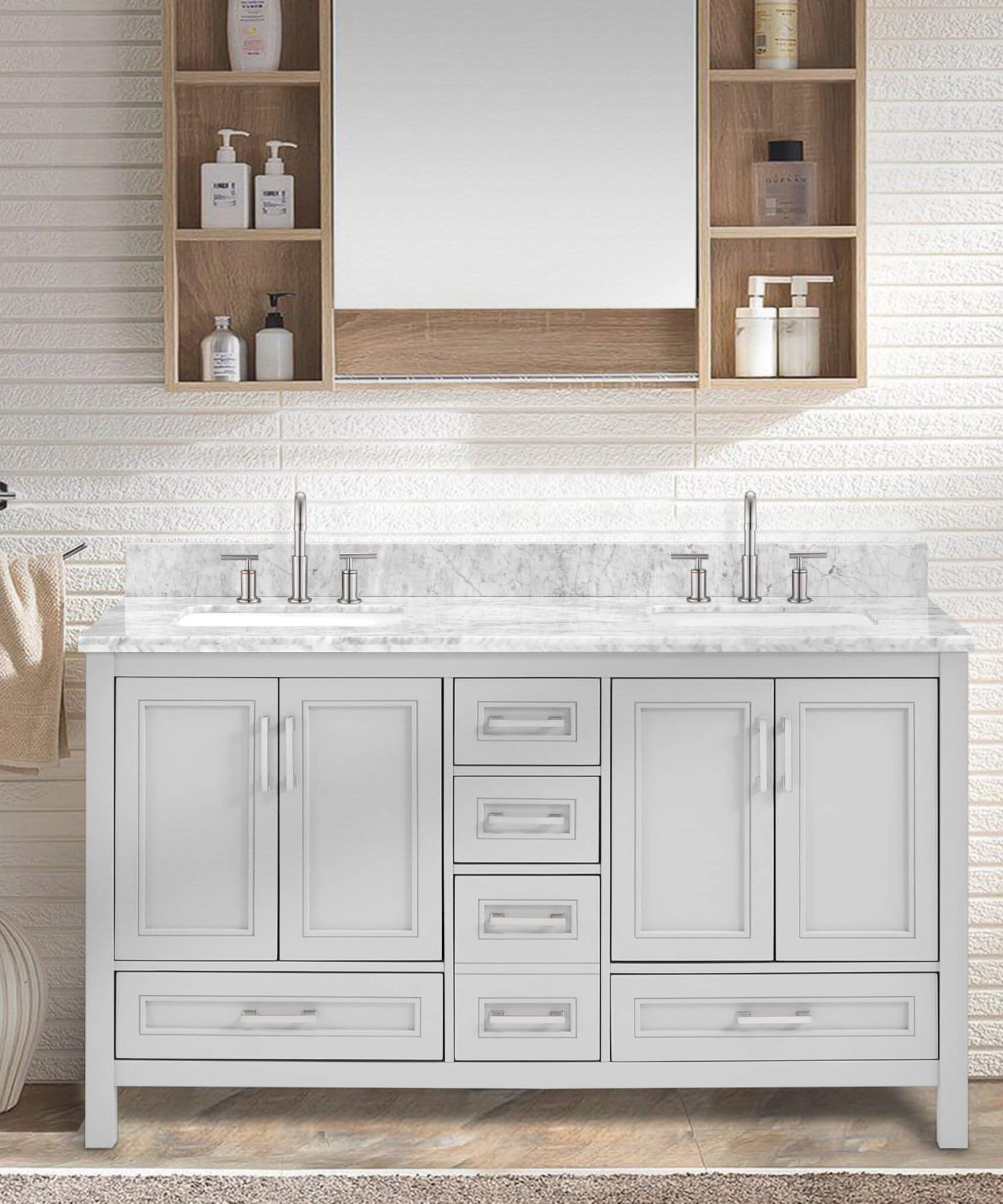 Nuvia Premium 60-Inch Freestanding Double Sink Bathroom Vanity With Carrara Marble Top (SAK51829)