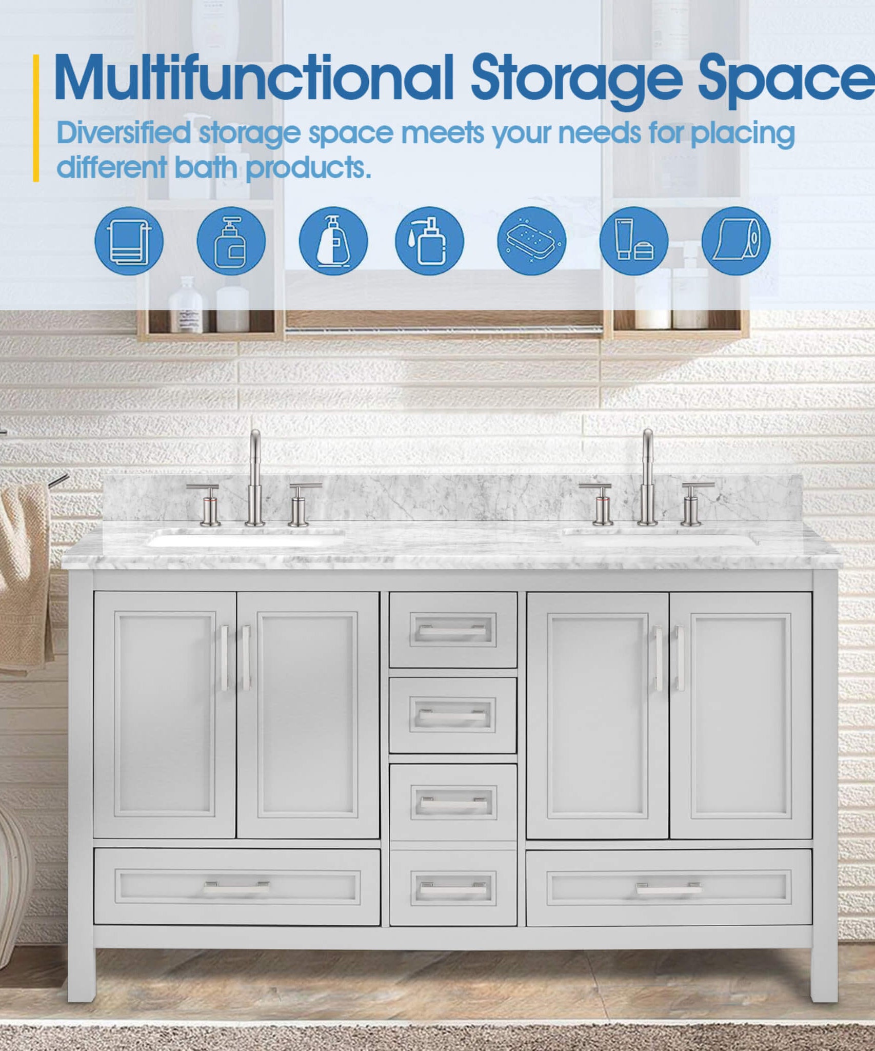 Nuvia Premium 60-Inch Freestanding Double Sink Bathroom Vanity With Carrara Marble Top (SAK51829)
