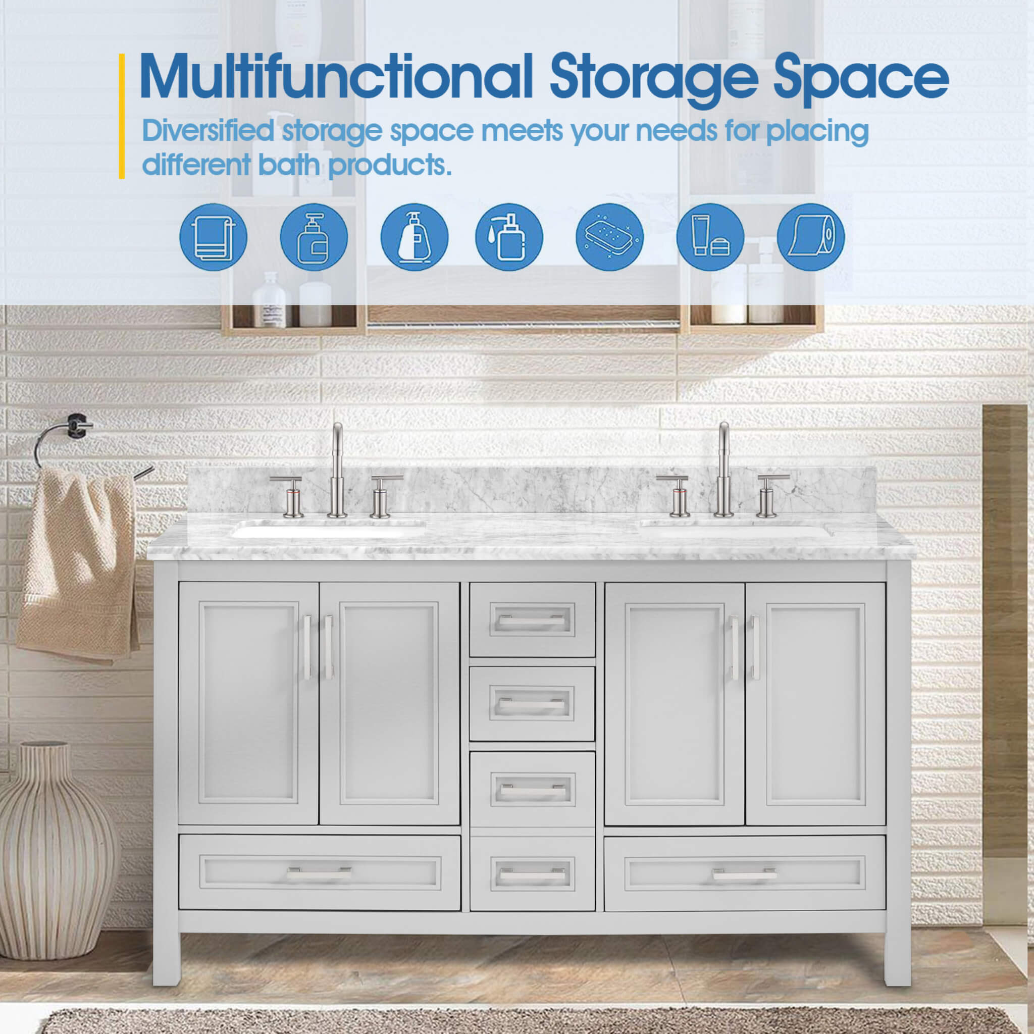 Nuvia Premium 60-Inch Freestanding Double Sink Bathroom Vanity With Carrara Marble Top (SAK51829)