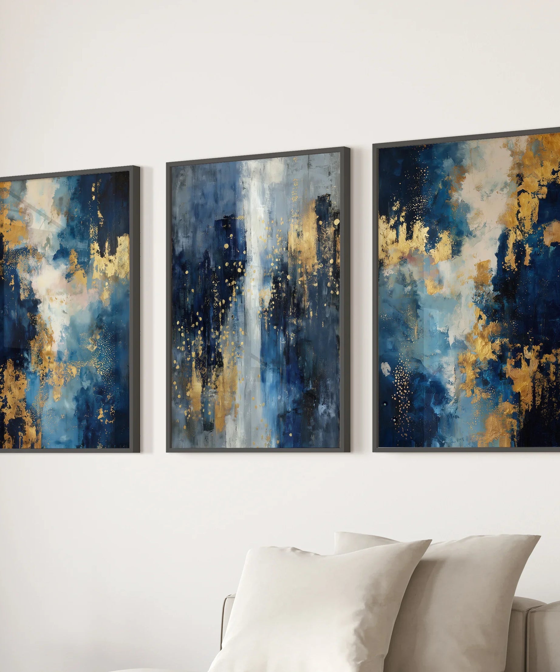 Elegant Navy and Gold Art Set of 3. Contemporary Abstract Prints