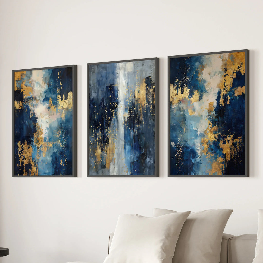 Elegant Navy and Gold Art Set of 3. Contemporary Abstract Prints