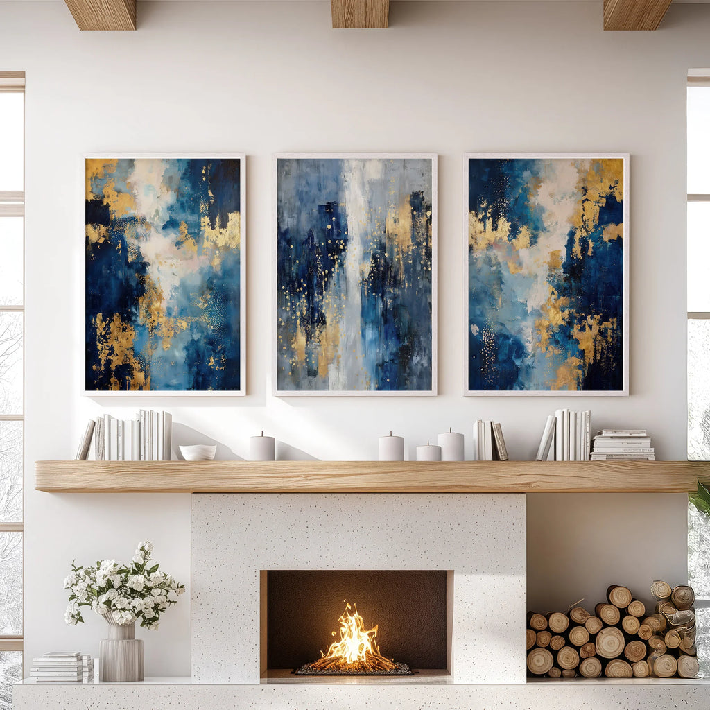 Elegant Navy and Gold Art Set of 3. Contemporary Abstract Prints