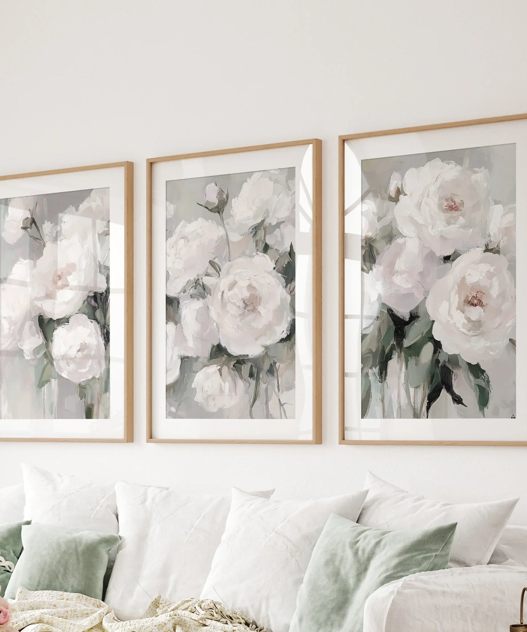 Romantic White Flower 3 Piece Wall Art. Peony Painting Print