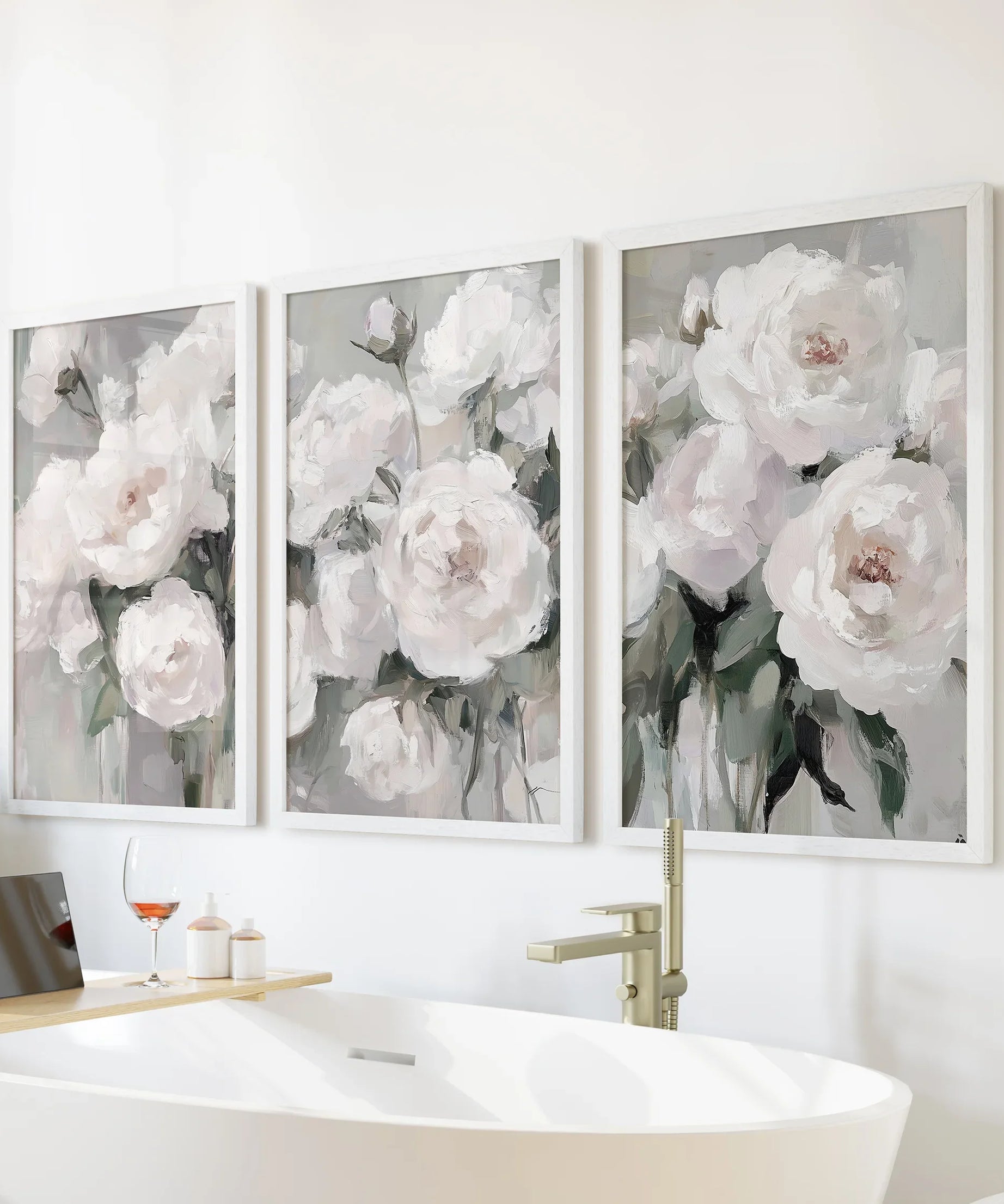 Romantic White Flower 3 Piece Wall Art. Peony Painting Print