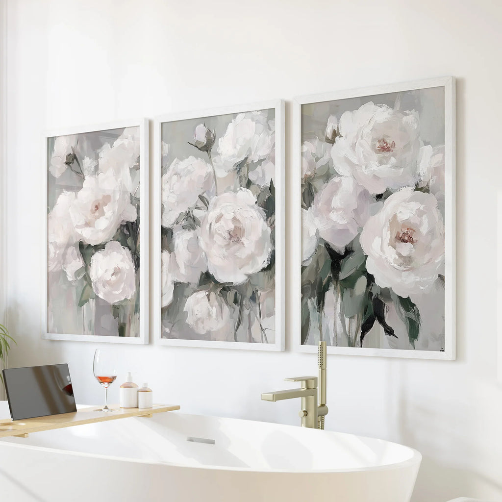 Romantic White Flower 3 Piece Wall Art. Peony Painting Print