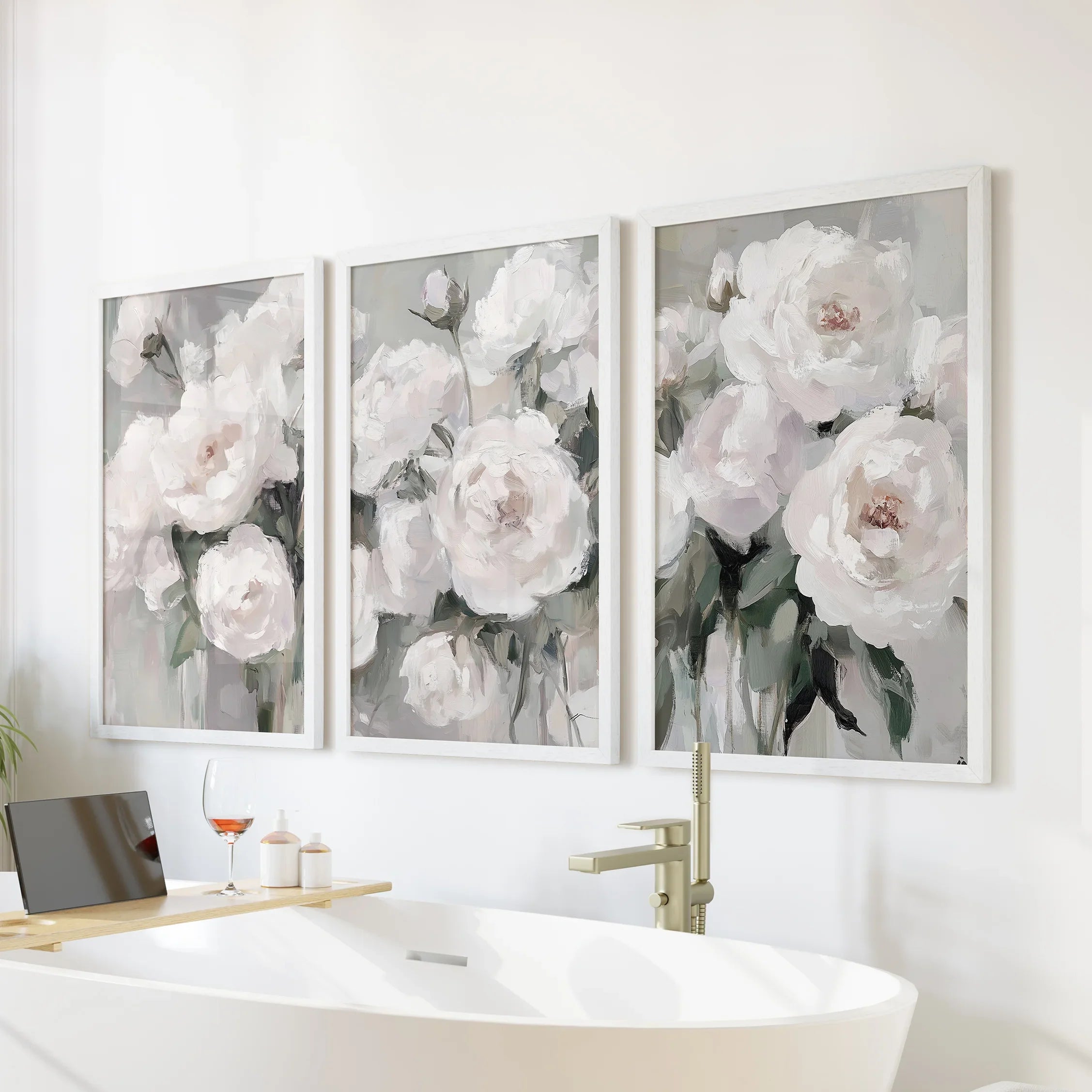 Romantic White Flower 3 Piece Wall Art. Peony Painting Print
